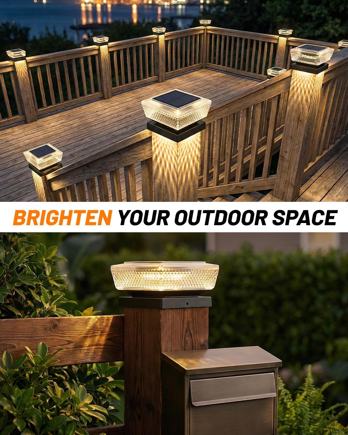 Solar Post Cap Lights Outdoor 4 Pack, 3000K Warm Fence Deck Post Solar Lights with Upgrade Solar Panel, Waterproof Solar Post Caps for 3.5x3.5 Wooden & 4x4 Vinyl Posts, Porch Patio Garden Use