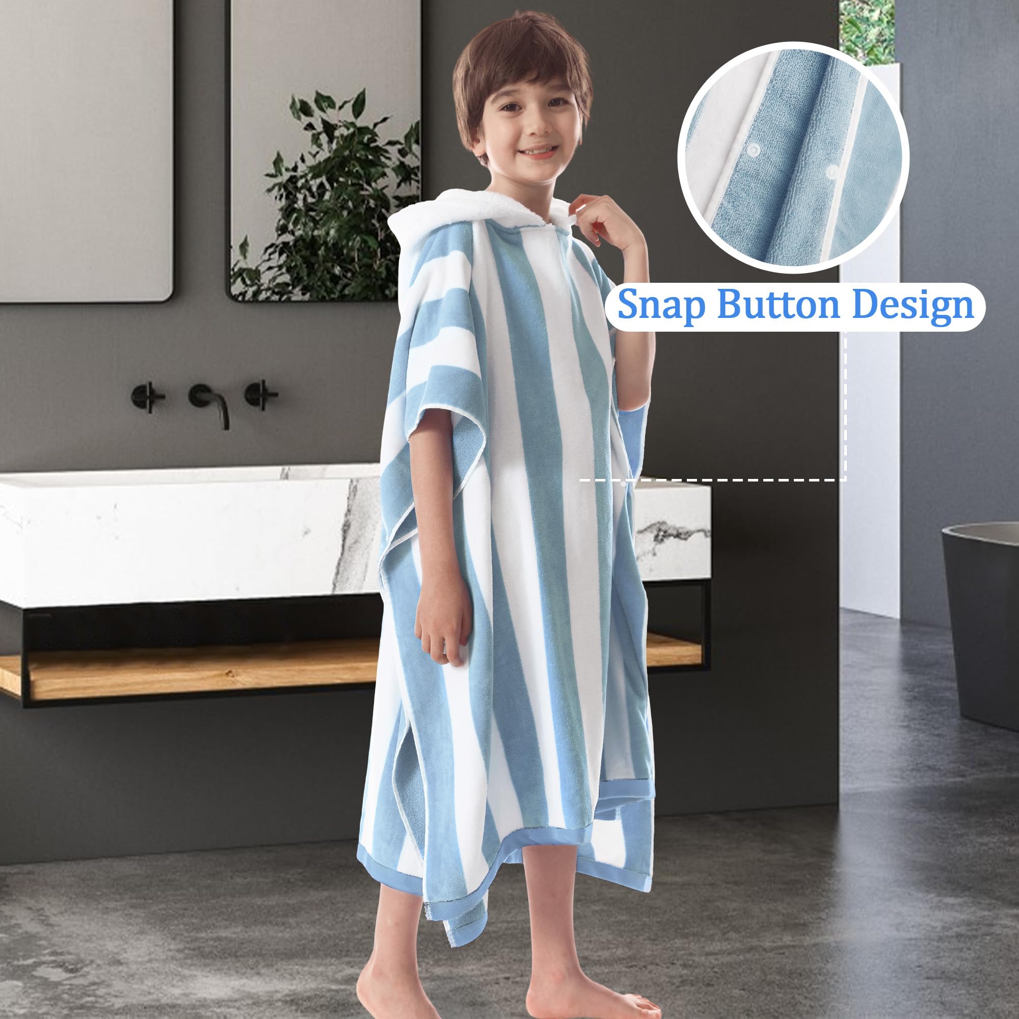 VOOVA & MOVAS Toallas de playa con capucha de gran tamaño para adolescentes (8 a 16 años), 100 % algodón grueso y absorbente, perfecto para piscina, playa, baño, diseño de rayas de cabaña azul