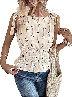 Blusa de nudo con estampado de lazo para mujer, dobladillo con volantes, sin mangas