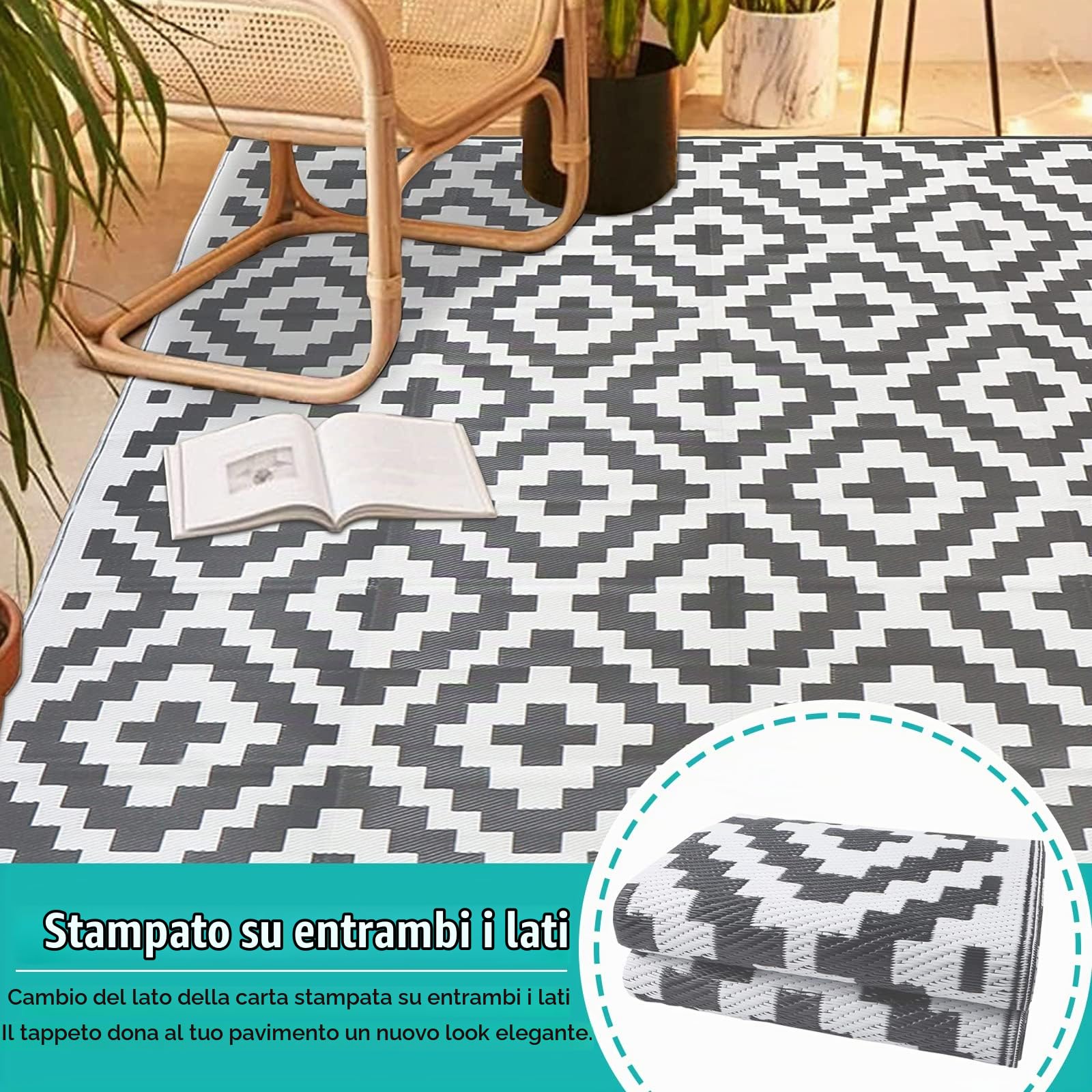 Tappeto per esterni reversibile, in plastica riciclata, in polipropilene ecologico, pieghevole, portatile, impermeabile, per picnic, balcone, terrazza, 180x270 cm, grigio e bianco