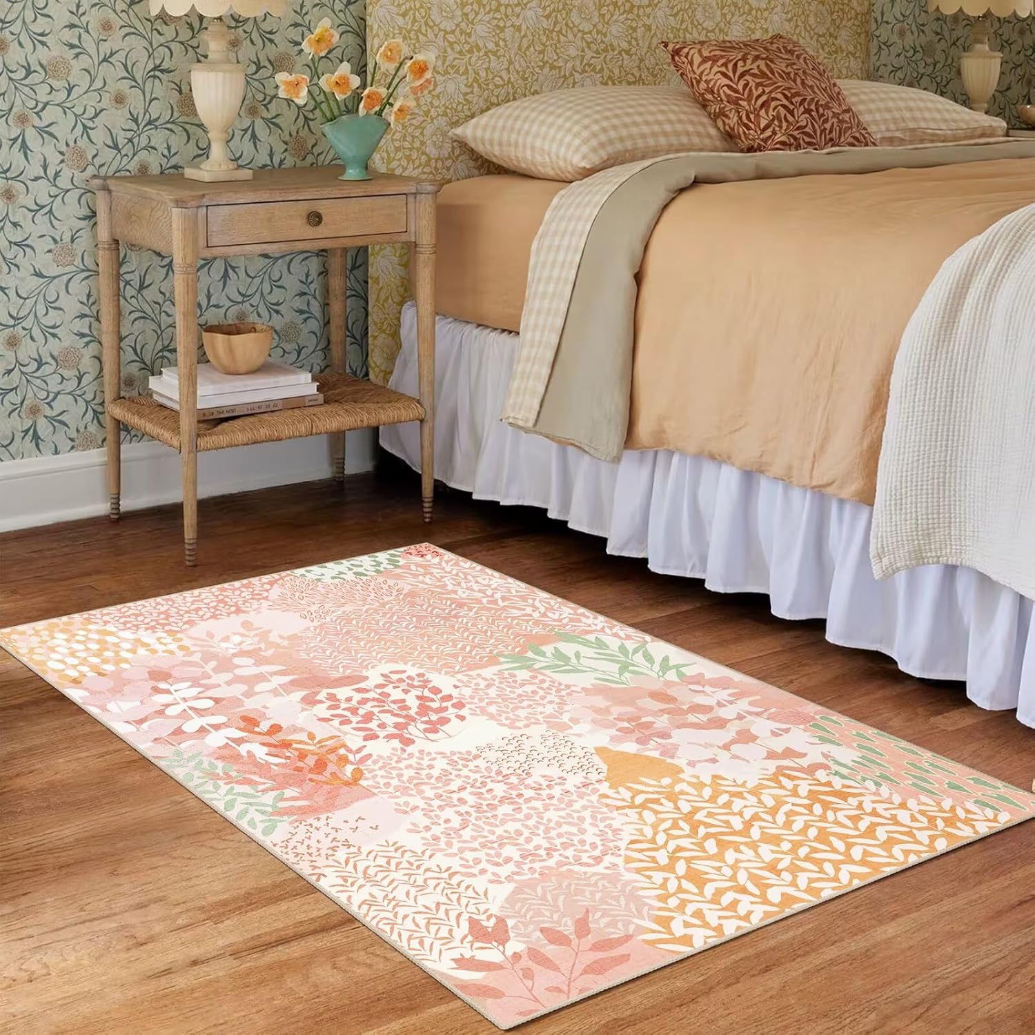 DEXDE 2x3 Area Rug, Small Boho Rugs Entryway Doormat Indoor Machine Washable Non-Slip Abstract Botanical Leaves Floral Floor Carpet for Living Room Bedroom Office Playroom,Pink