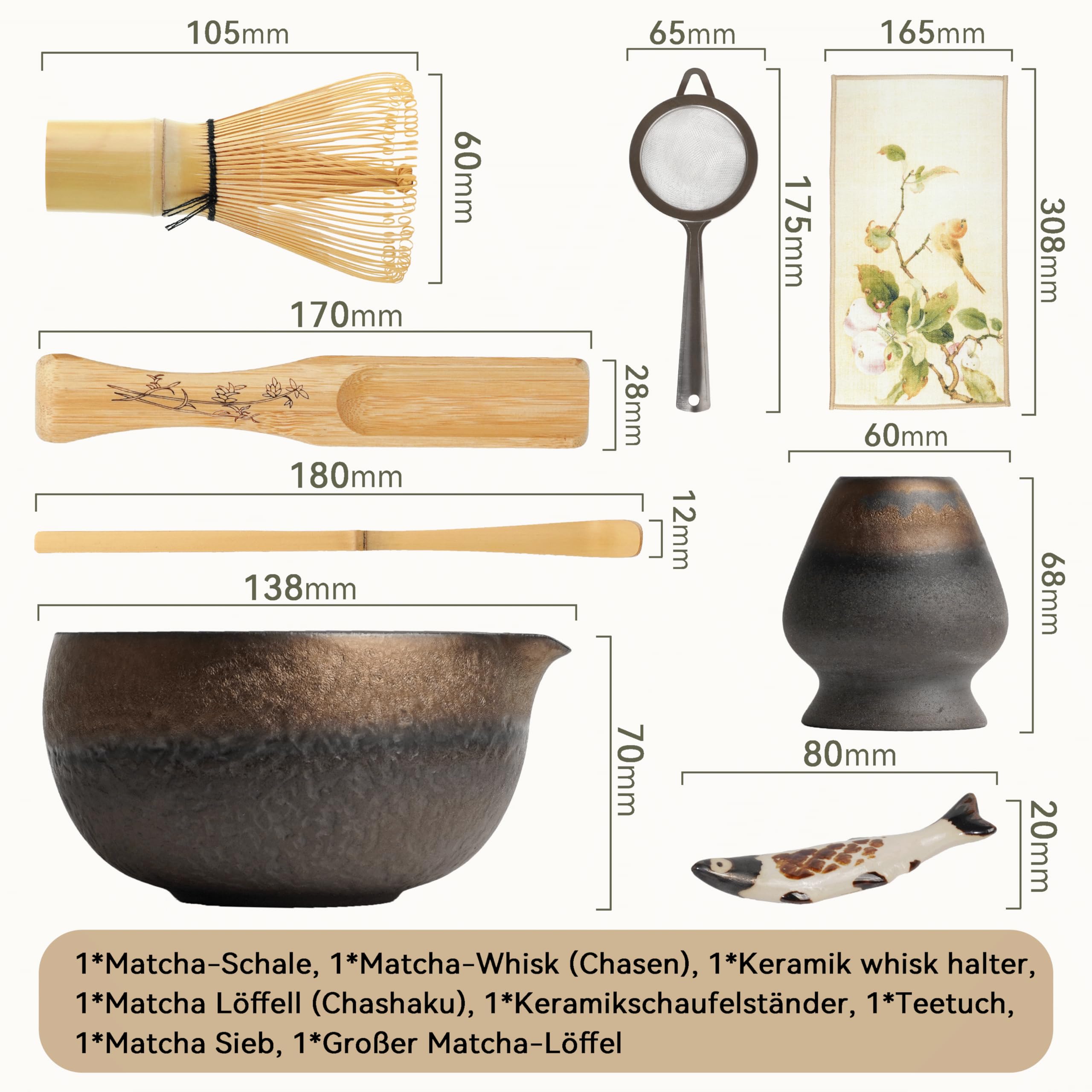 Set Matcha et Bol (8 pièces), Set de Thé Matcha Brun et Fouet en Bambou Artisanal (Chasen) pour Amateurs de Thé