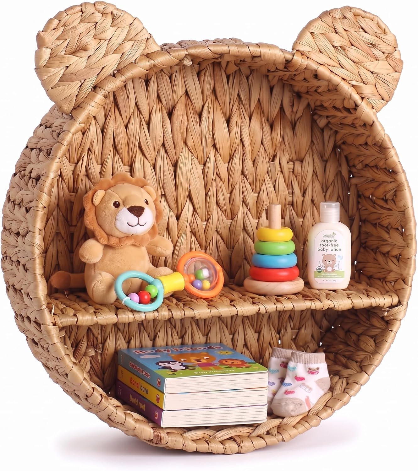 Domensi Bear Water Hyacinth Wicker Wall Shelf for Nursery, Rattan Shelf