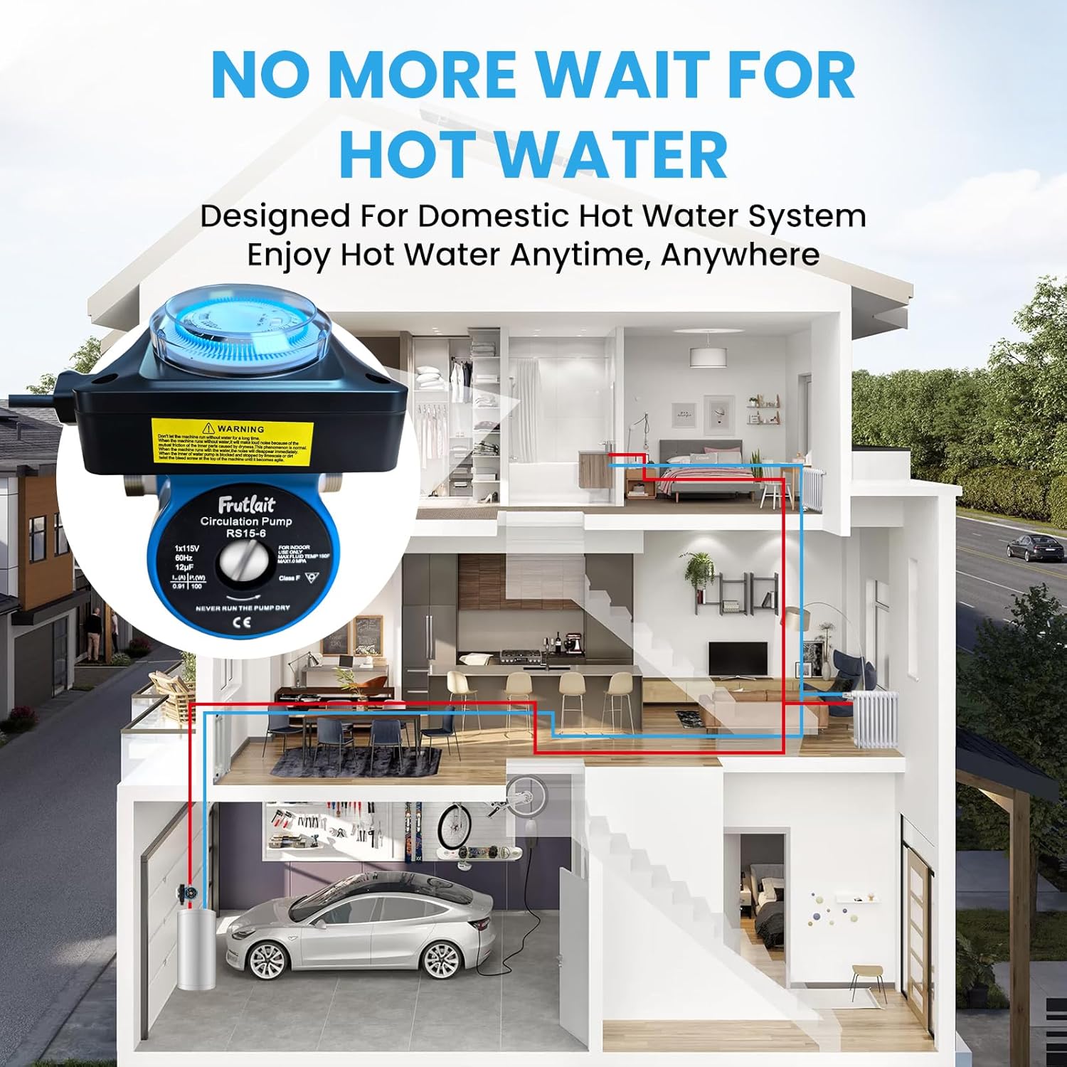 Hot Water Recirculating Pump with Programmable Timer, 304SS Sensor Valve, Instant Hot Water, Quiet Energy-Efficient Circulation System, Includes Pump, 2 Adapters, 2 Supply Lines, Easy DIY Install