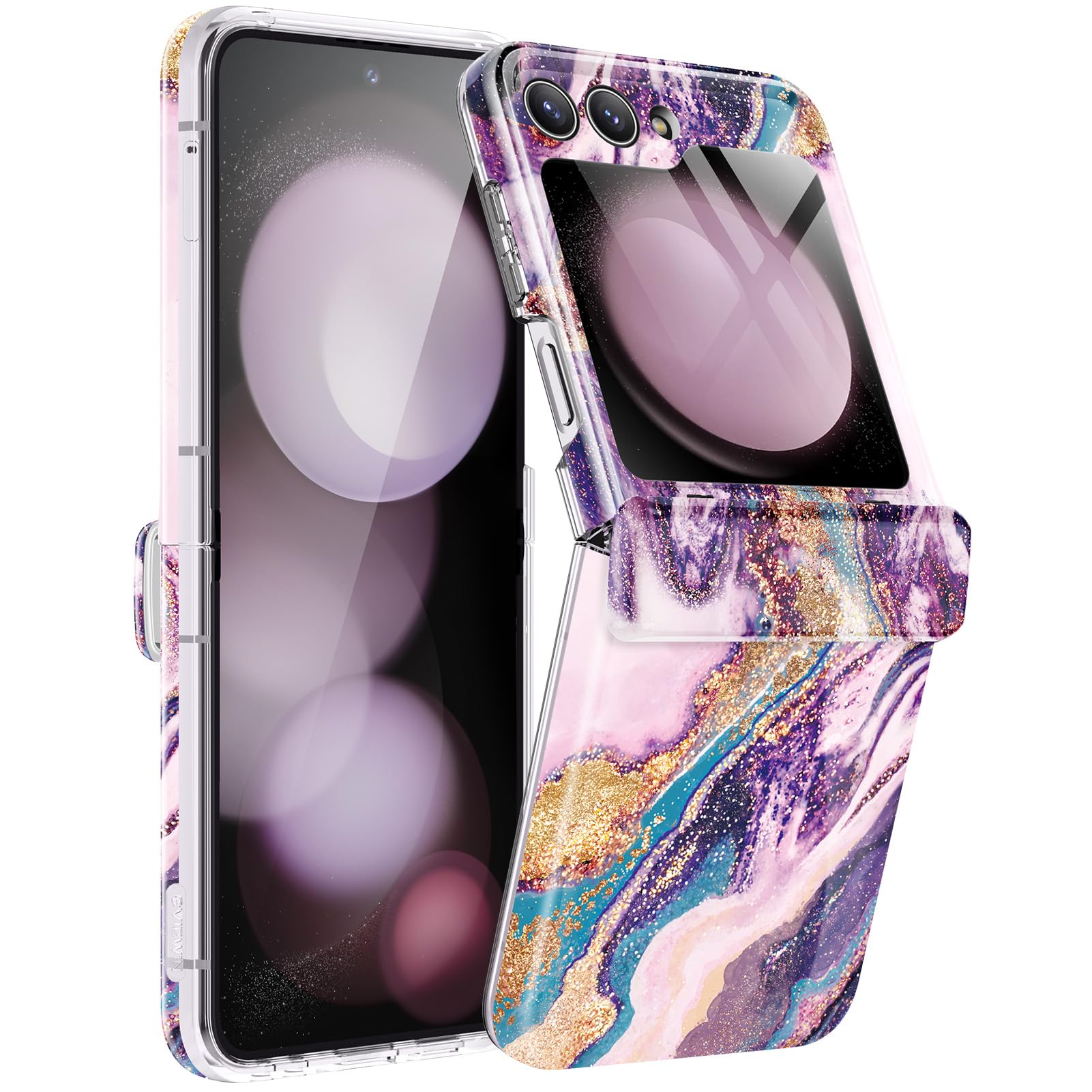 GVIEWIN Designed for Samsung Galaxy Z Flip 5 Case with Hinge Protection, [Built-in Front Screen Protector] Marble Slim Full Body Protective Shockproof Phone Case for ZFlip 5(Dreamland River/Purple)