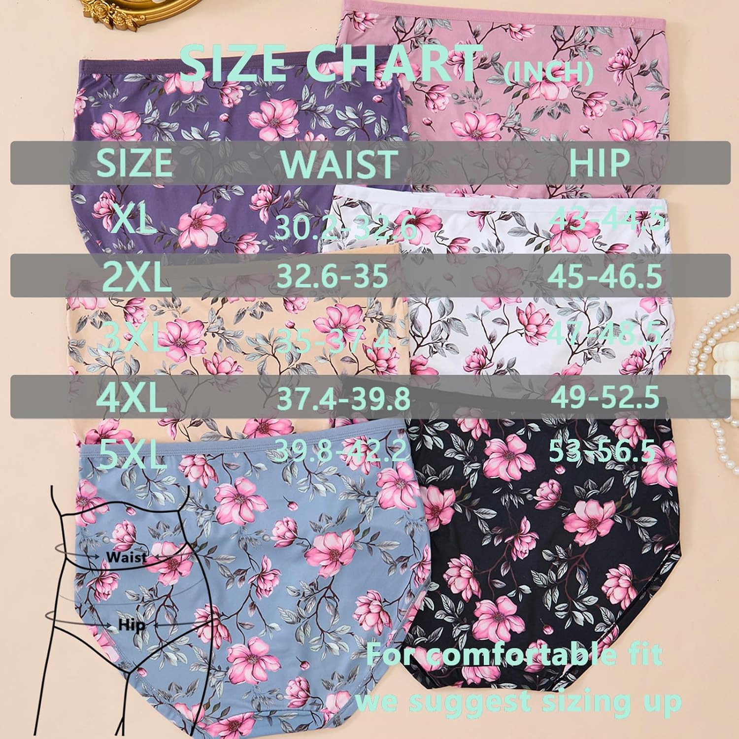 Women's Plus Size XL-5XL Underwear High Waist Briefs Panties Rose Floral Print Ladies Undies 5-Pack - Image 4