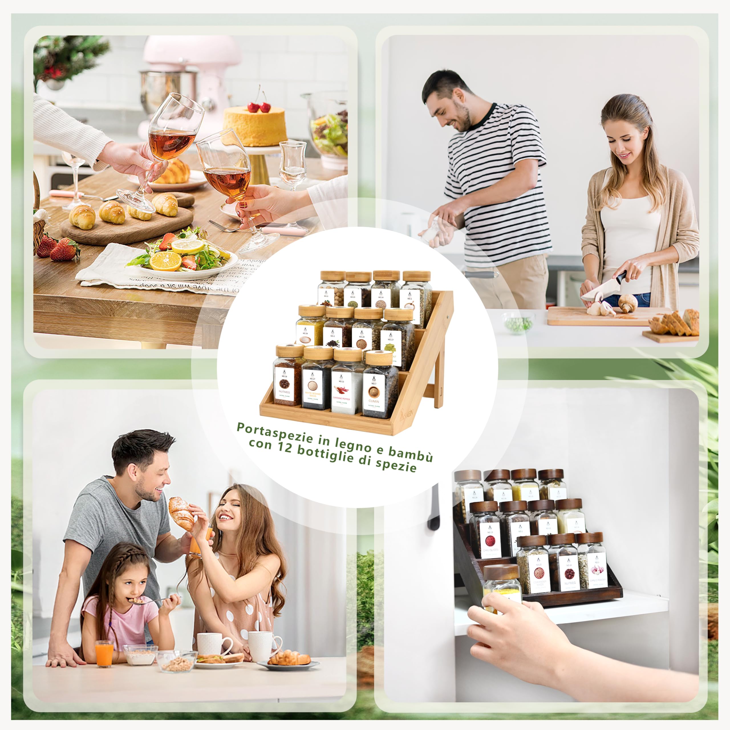 SAEIV Portaspezie 12 Barattoli Vetro Bambù a 3 Livelli, Porta Spezie per Cucina Salva Spazio, Porta Spezie per Piano e Cassetto, Portaspezie Salvaspazio con Tutti gli Accessori