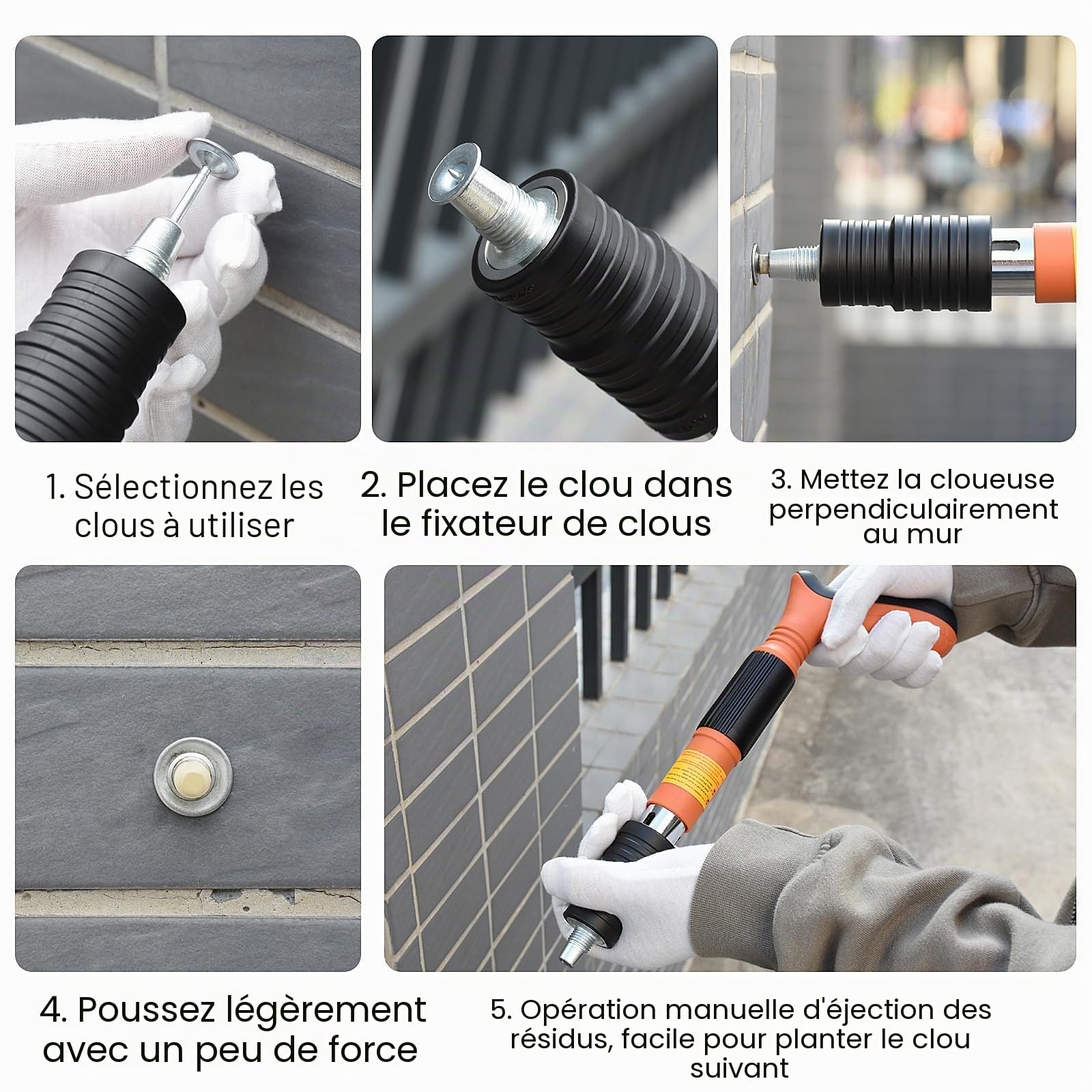 Pistolet à ongles manuel avec 200 clous ronds, pistolet silencieux manuel pour pénétrer dans les murs en béton. (Cloueuse+200 clous)