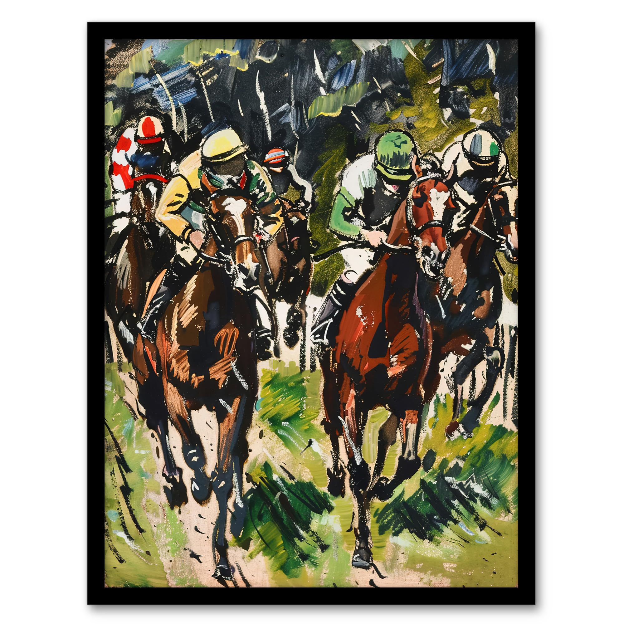 Artery8 Jockeys in Horse Racing Scene Modernist Painting Man Cave Fathers Day Artwork Framed Wall Art Print A4
