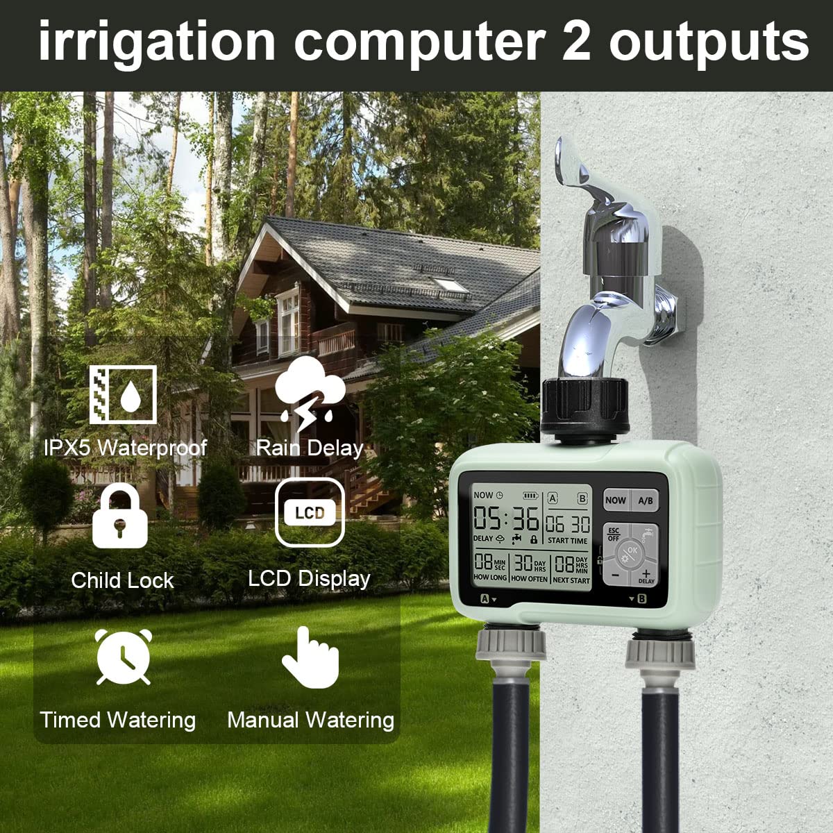 Programmateur Arrosage 2 Voies, Johgee Automatique Minuteur Arrosage,fréquence et durée, minuterie d'irrigation programmable et délai de pluie pour Jardin, Pelouse