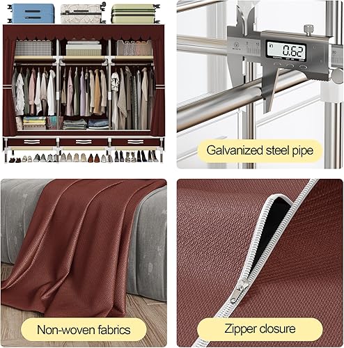 Miniatura 5 de Armario portátil, marco de metal con funda de vellón cardenal, 3 postes para colgar, 3 cajones, 3 armarios, armario portátil con cajón, organizador