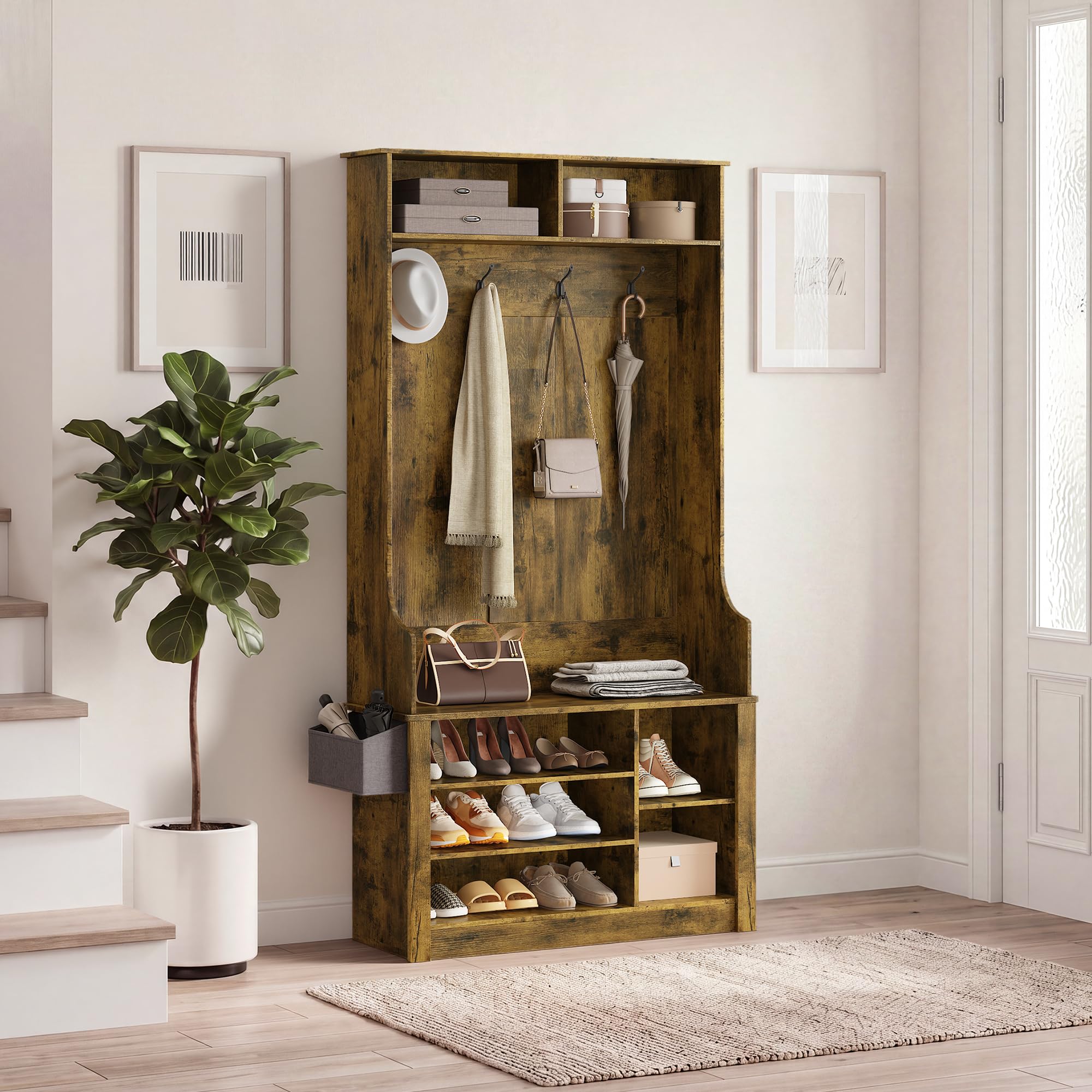 Xbro Perchero Entrada Recibidor con Zapatero, 4 Ganchos y Almacenamiento Abierto, para Pasillo, Dormitorio y Salón, 90x30x183 cm, Retro