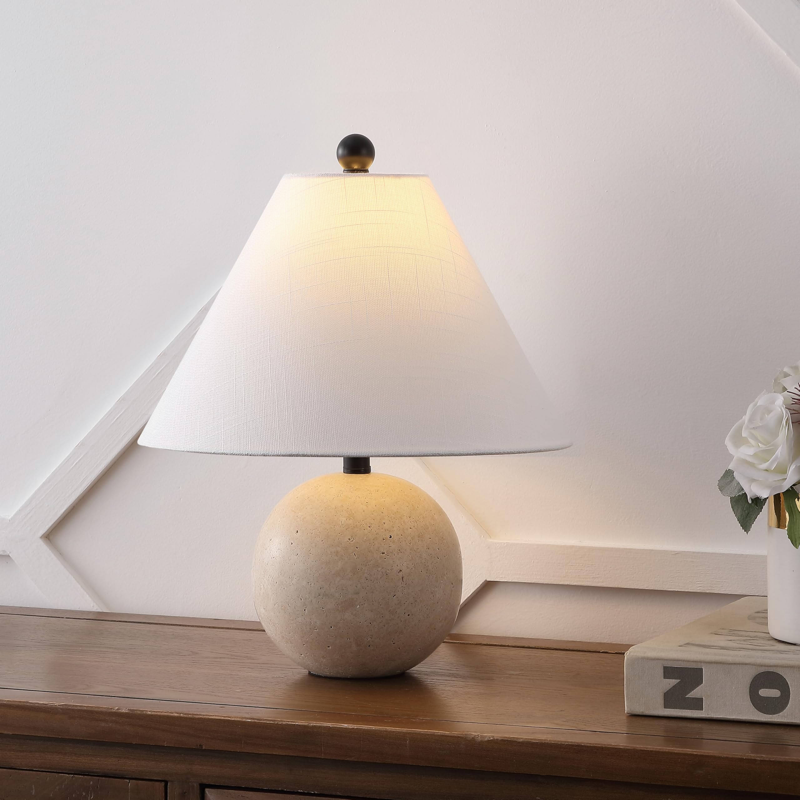 Condition photo showing Good Condition for jonathan y 16" modern minimalist travertine stone table lamp, grey mid-century scandinavian bedside lamp for living room, white linen shade, led bulb included jyl1151a