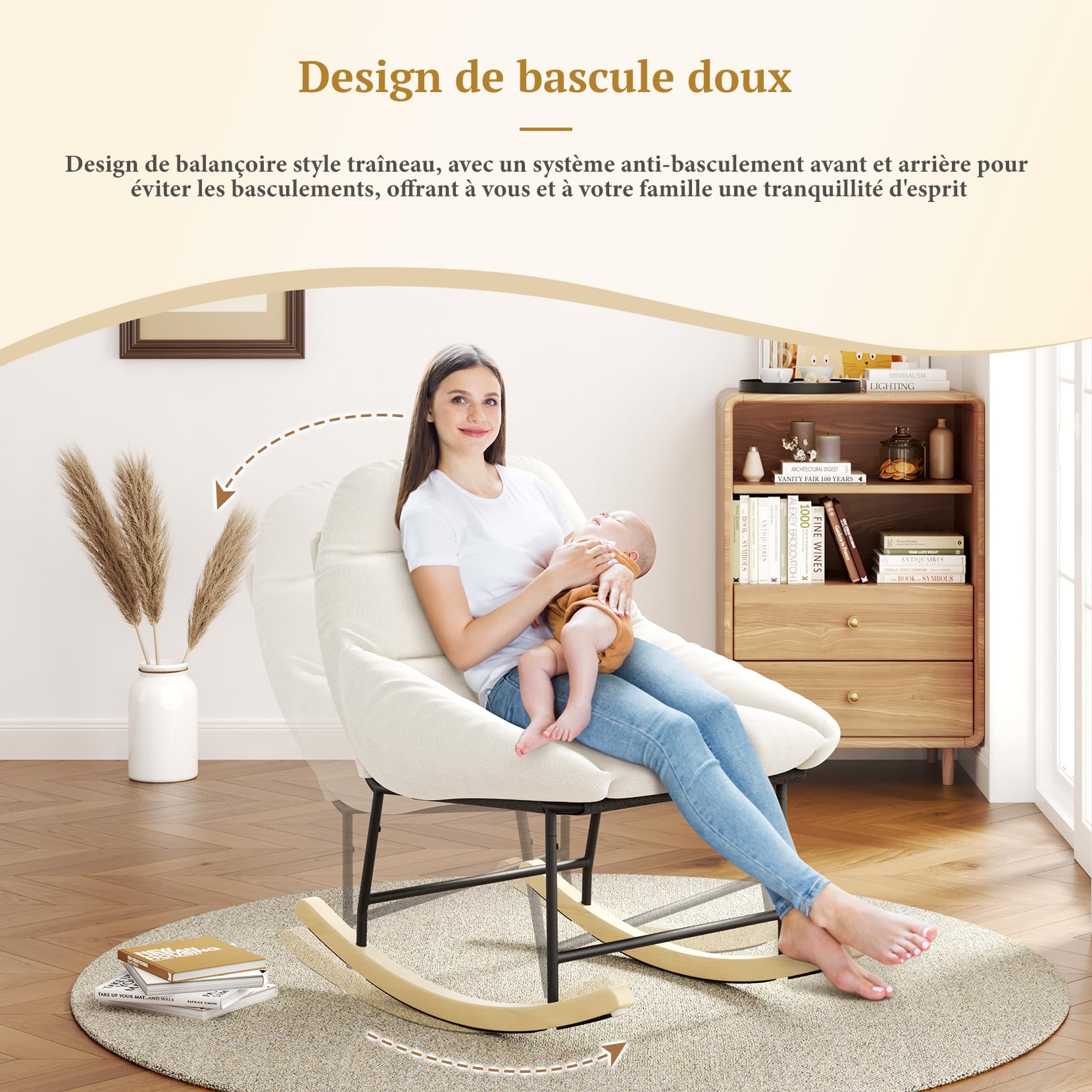 Fauteuil à bascule confortable pour chambre d'enfant, avec rembourrage en polaire Sherpa, assise profonde, assise rembourrée et accoudoirs larges, pour salon, chambre à coucher et bureau, beige