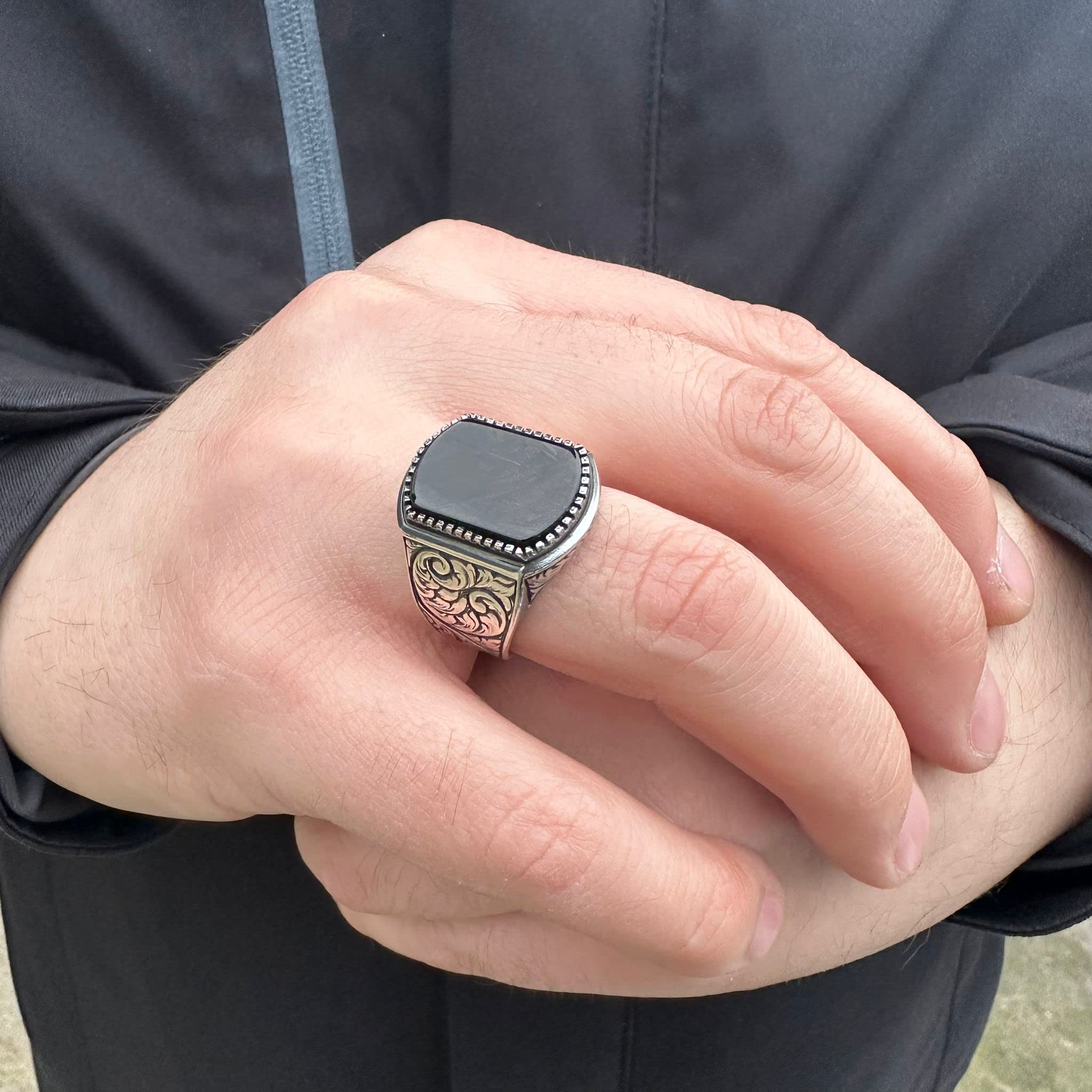 Anello da uomo in argento sterling 925 massiccio stampato in pietra onice nera modello gioielli in argento fatto a mano turco