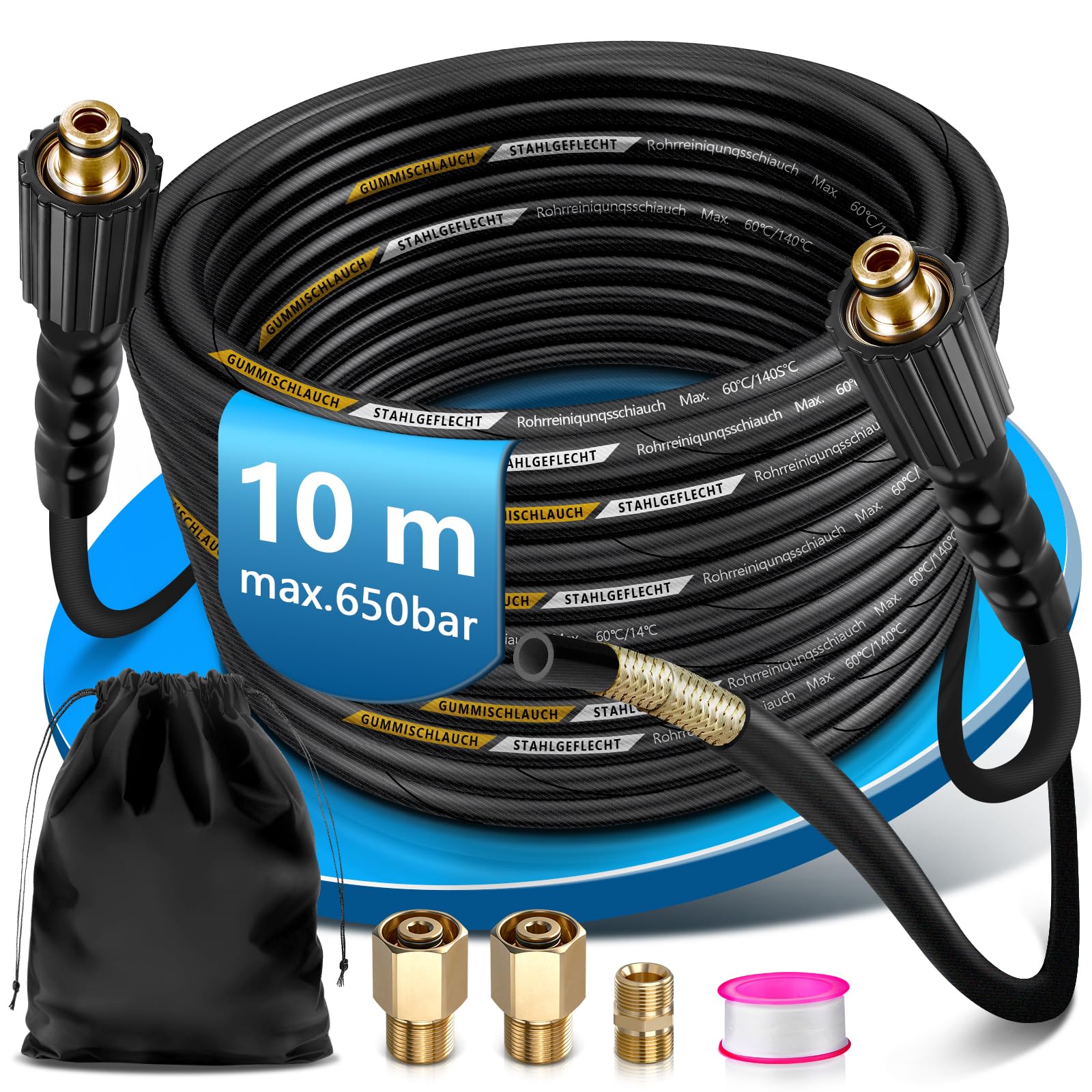 Juego de manguera para limpieza de tuberías (10 m, con 2 adaptadores HD)