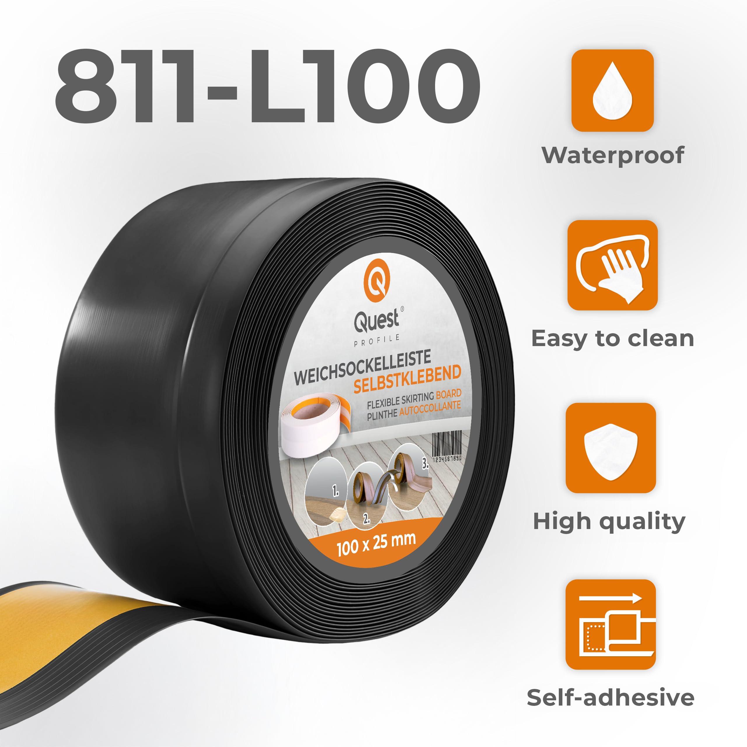 Quest listwa przypodłogowa PVC 100x25 mm samoprzylepna – czarna, 25 m | Wysoki, miękki cokół podłogowy maskujący styk ściany z podłogą, elastyczny, ochronny, łatwy montaż w domu i biurze
