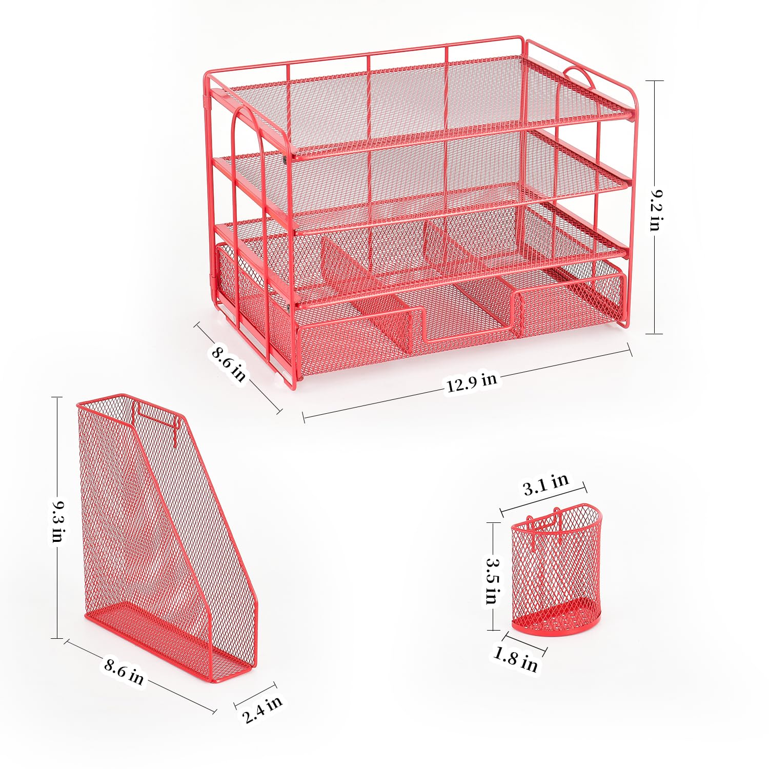 gianotter Desk Organizers and Accessories with File Holder, 4-Tier Desk Accessories & Workspace Organizers with Drawer and 2 Pen Holder, Paper Organizer for Office Supplies(): Red