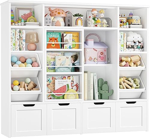 FINETONES Almacenamiento de juguetes de 55.1 pulgadas de ancho con estantería deslizante, organizador grande de juguetes para niños con 4 cajones