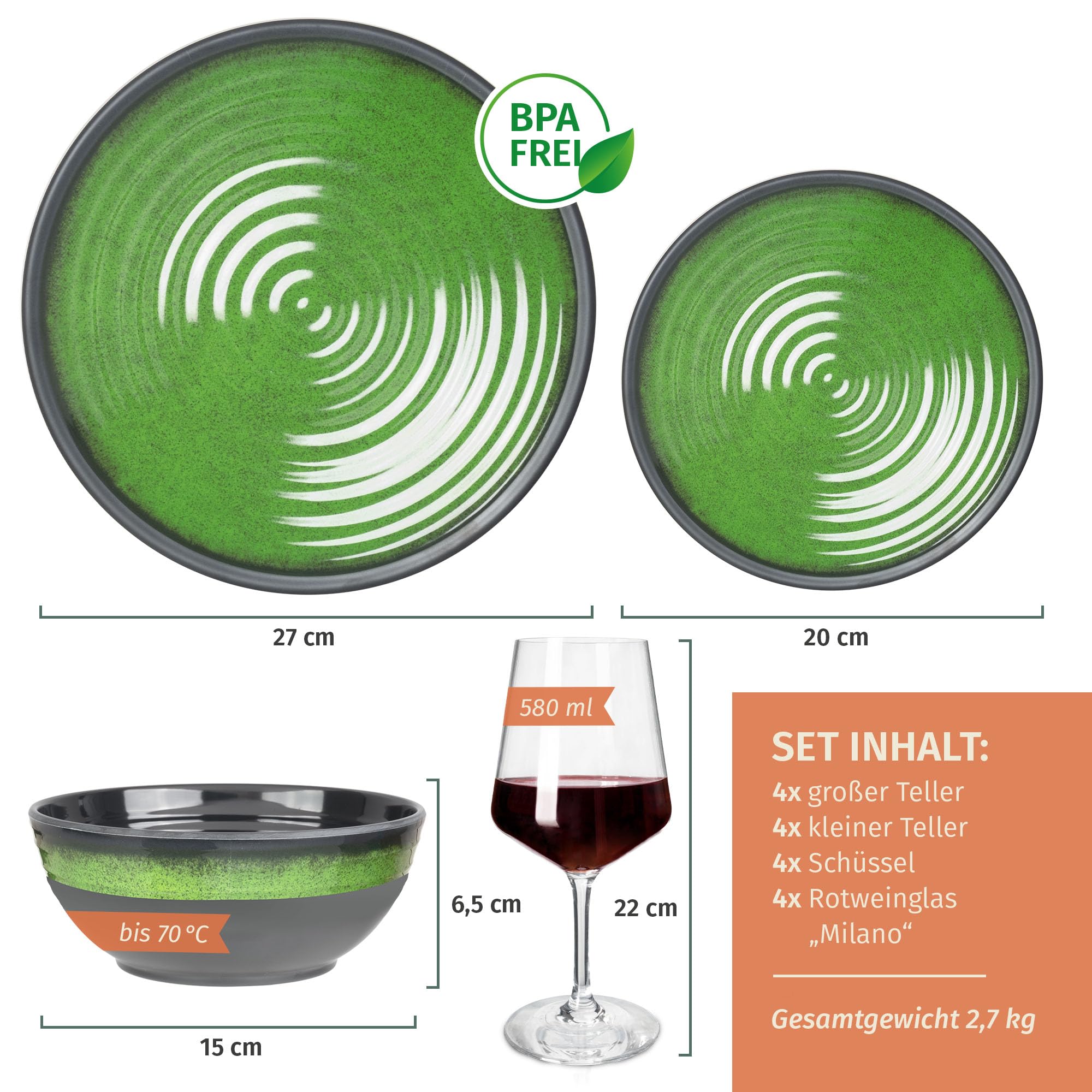 Vajilla de melamina para camping, 4 personas, color verde piedra + 4 copas de vino tinto Milano, copas de vino rojo, vajilla de pícnic, barbacoa