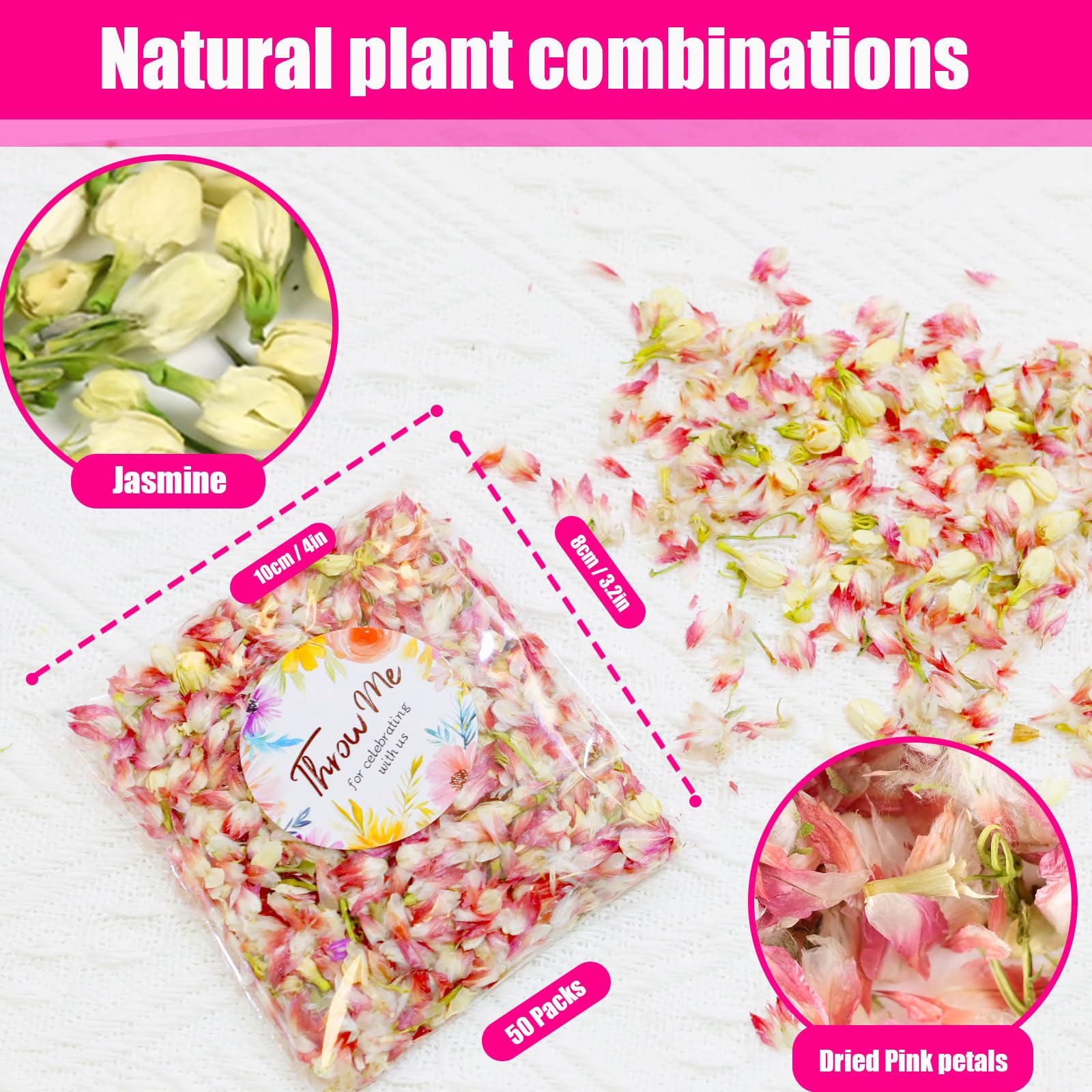 Paquete de 50 pétalos de flores reales biodegradables, decoración natural de confeti de boda con pétalos de flores secas de jazmín y rosa, ideas para enviar, cesta de flores para niñas, regalos
