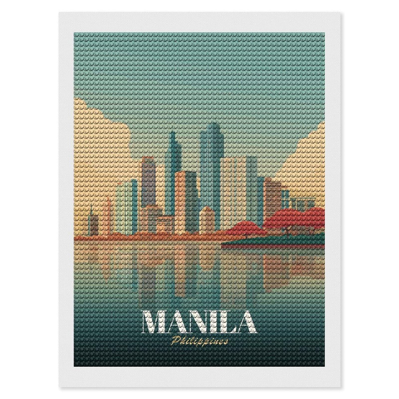 Junmoney Manila Skyline Reflection Diamond Painting Set 12"x16", Stress Relief Craft, Easy to Enjoy, Vintage Style Decor, Festive Craft Gift