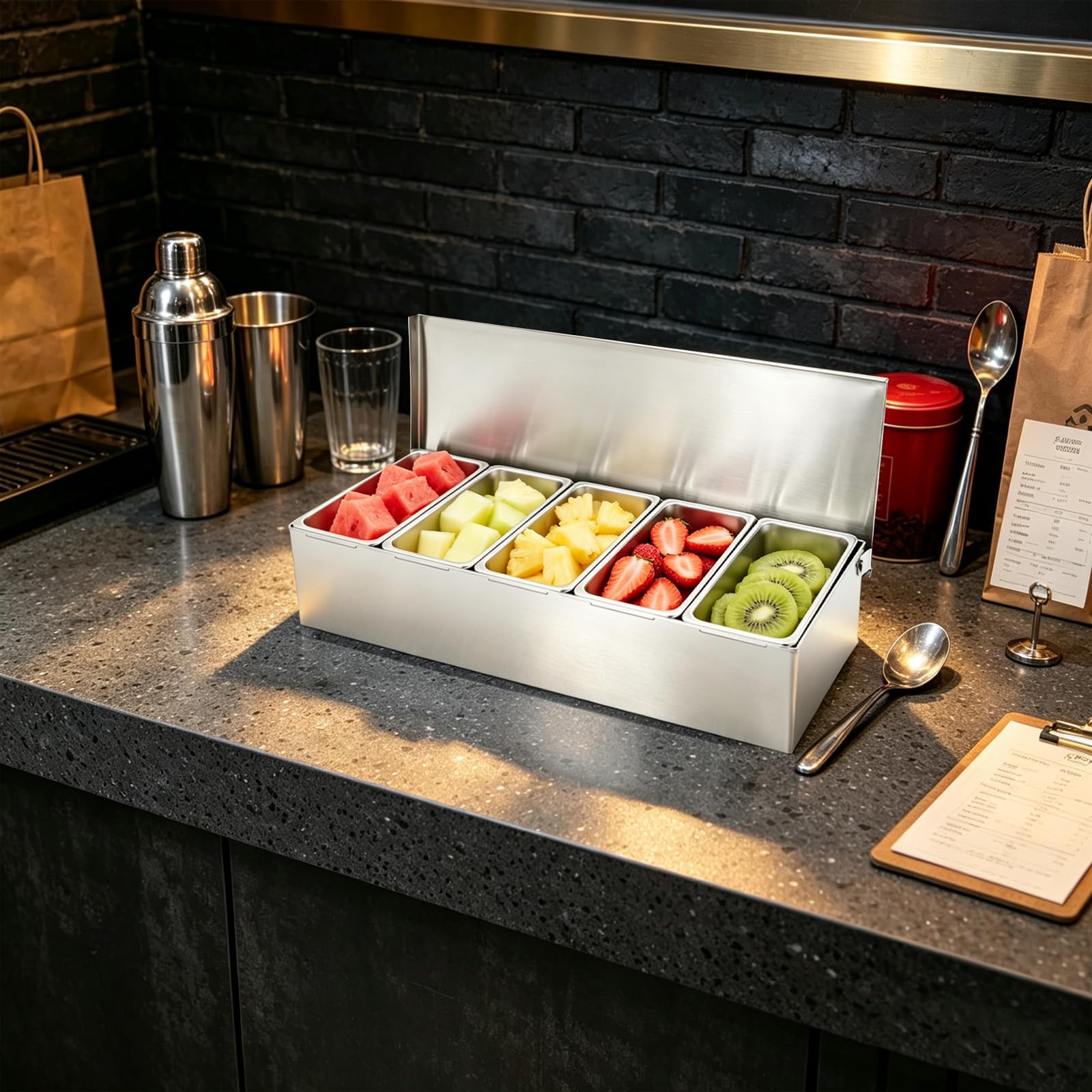 Caja de frutas de acero inoxidable con 5 compartimentos y tapa