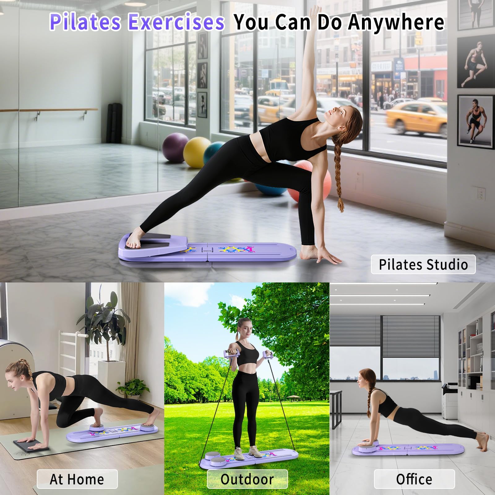 Pilates Board, Tragbares Faltbares Pilates Reformer Set, Vielseitige Pilates Board für Zuhause, Helllila