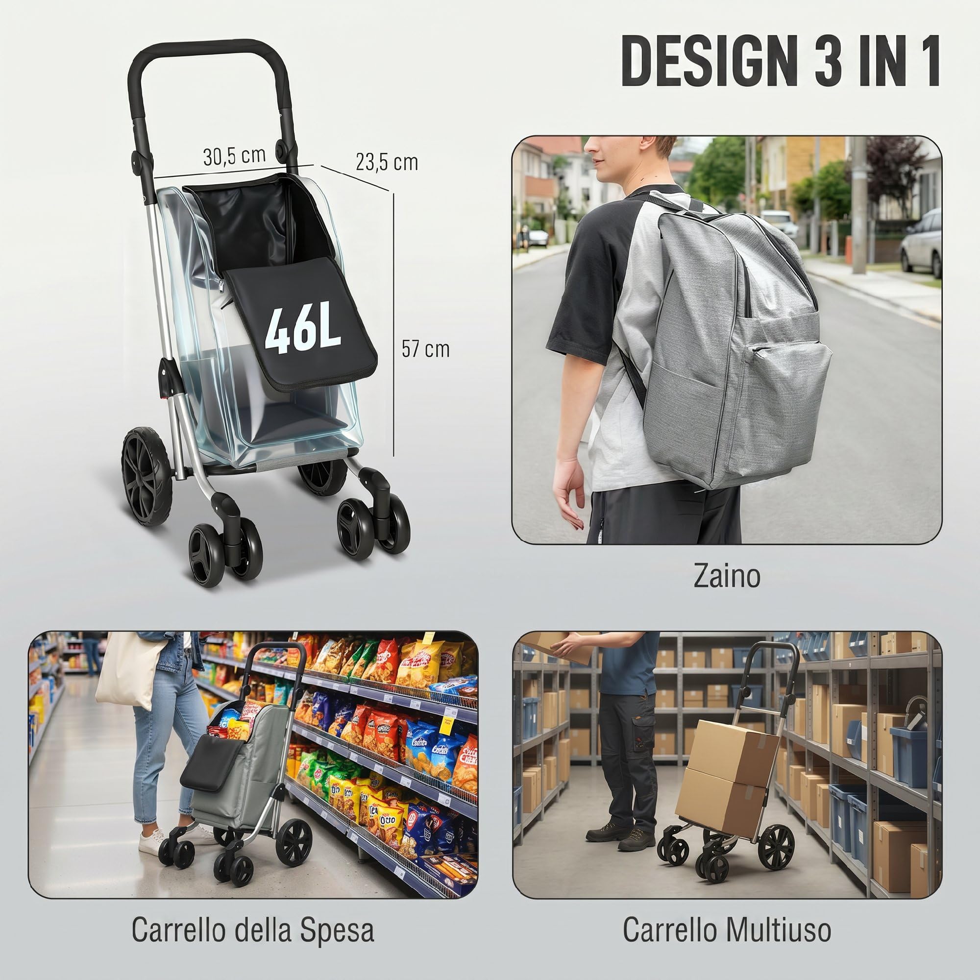 HOMCOM Carrello Spesa Pieghevole in Alluminio con Ruote, 3 in 1 Carrellino Spesa con Borsa in Tessuto Oxford 600D da 46L, Tracolla, Scomparto Refrigerato, Manico Regolabile, Grigio