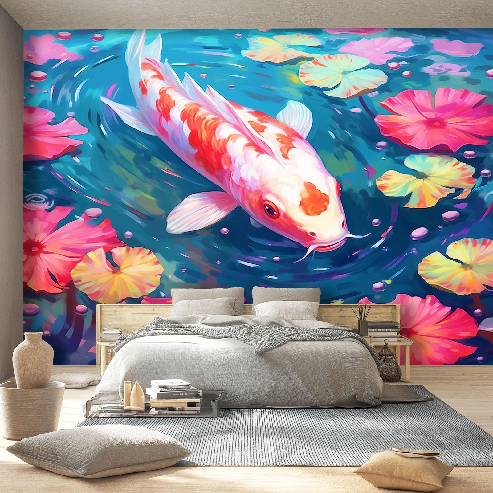 Tapeta z motywem 250 x 175 cm, ryba po chińskim stylu, tapeta z motywem lotosu do pokoju dziecięcego i kącika do majsterkowania, czerwono-zielona