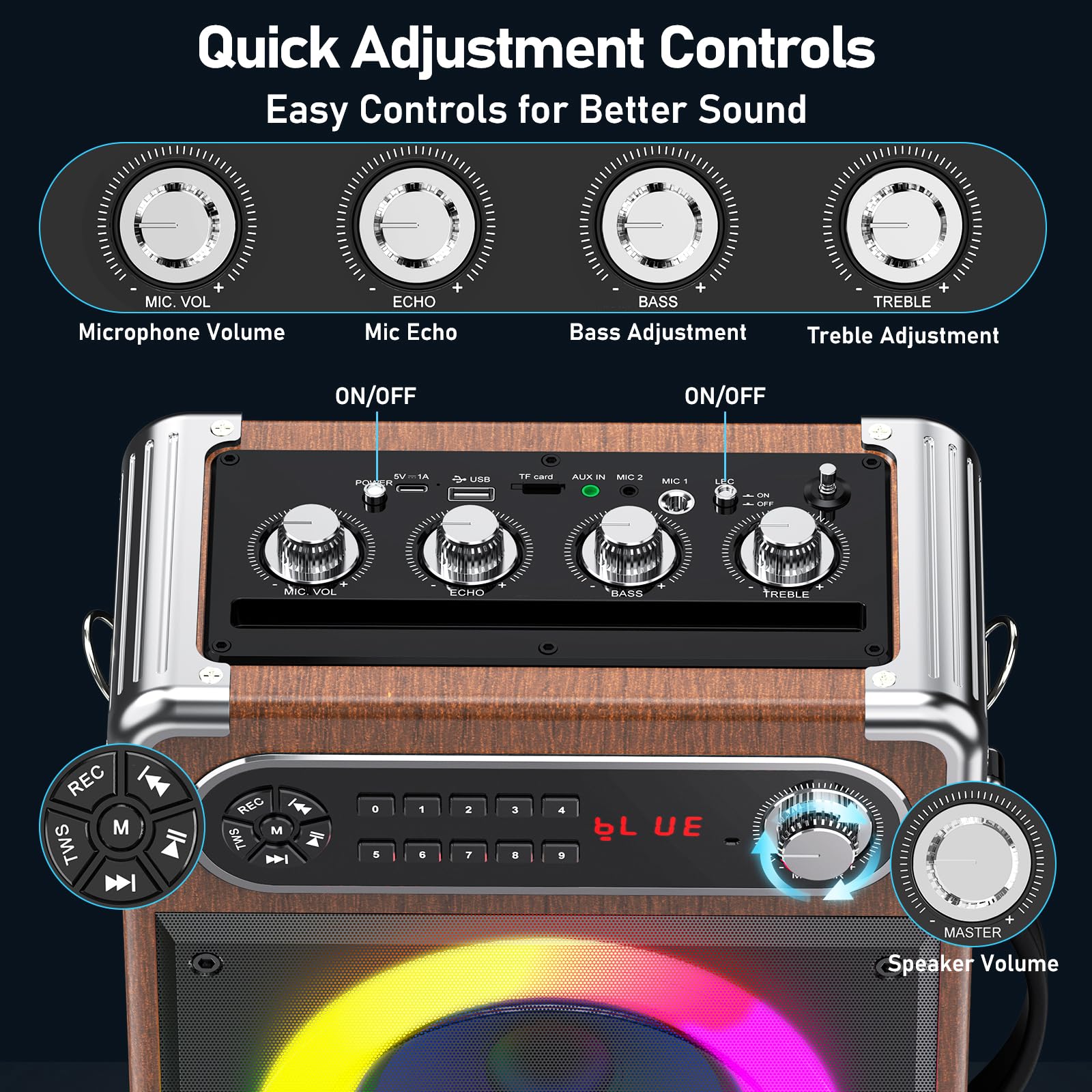 JYX Portable Bluetooth Karaoke Speaker with 2 Wireless Mics, 10Hrs Playtime, RGB Lights, PA System for Adults & Kids, Supports USB/TF/FM/Type-C/AUX, for Home Party, Outdoor & DJ Use (Wood) 1
