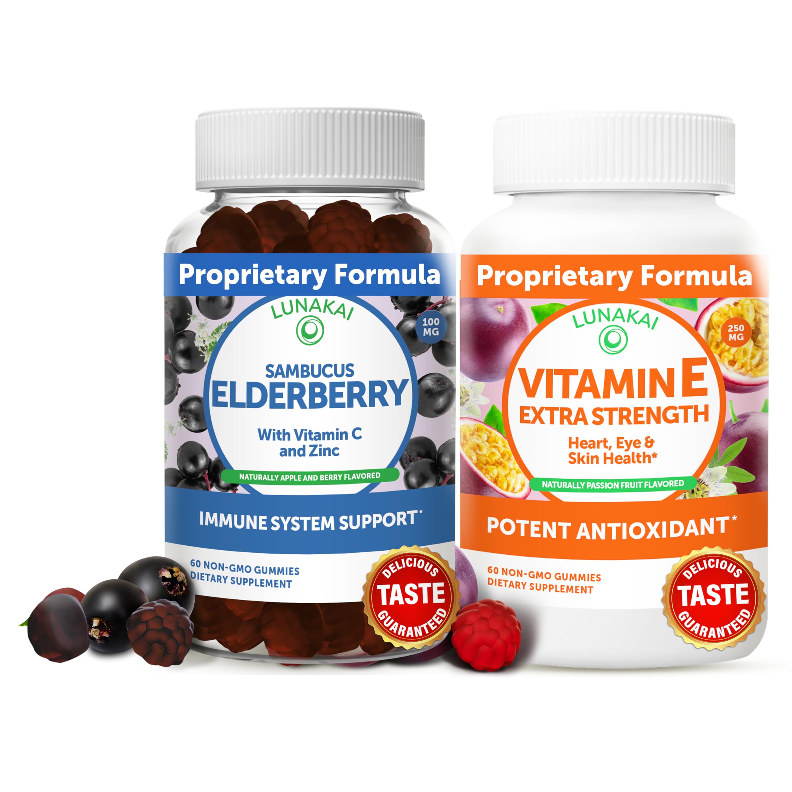 Lunakai Elderberry and Vitamin E Gummies Bundle - Immune Support Supplement with Zinc and Vitamin C Plus 1000iu Natural VIT E Gummy for Eye and Skin Health