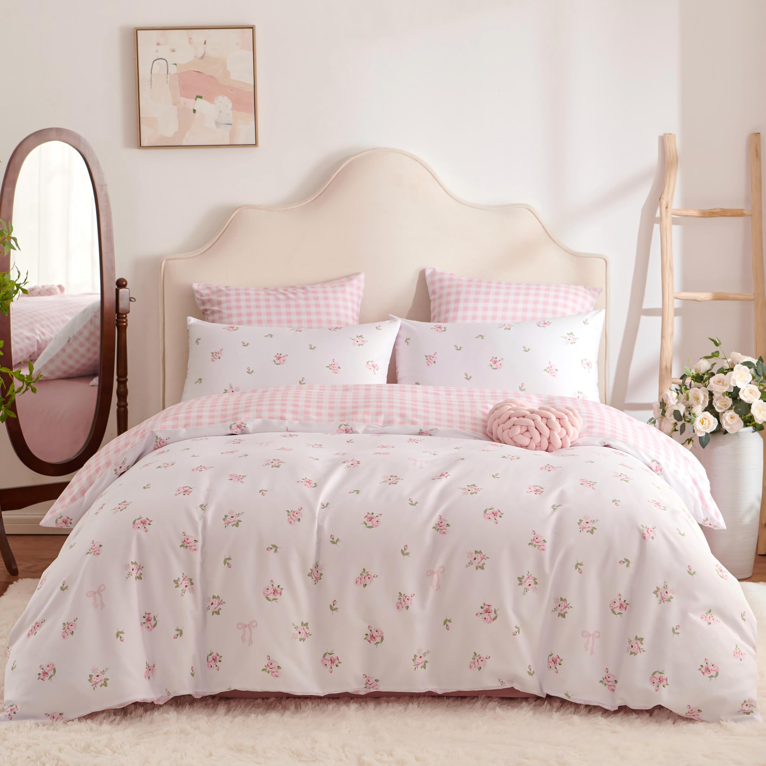 Tospass Ropa de cama para niña de 200 x 200 cm, diseño de flores, color blanco, rosa y verde, ropa de cama para niños, microfibra, funda nórdica con certificado Öko-Tex 1 funda nórdica con cremallera