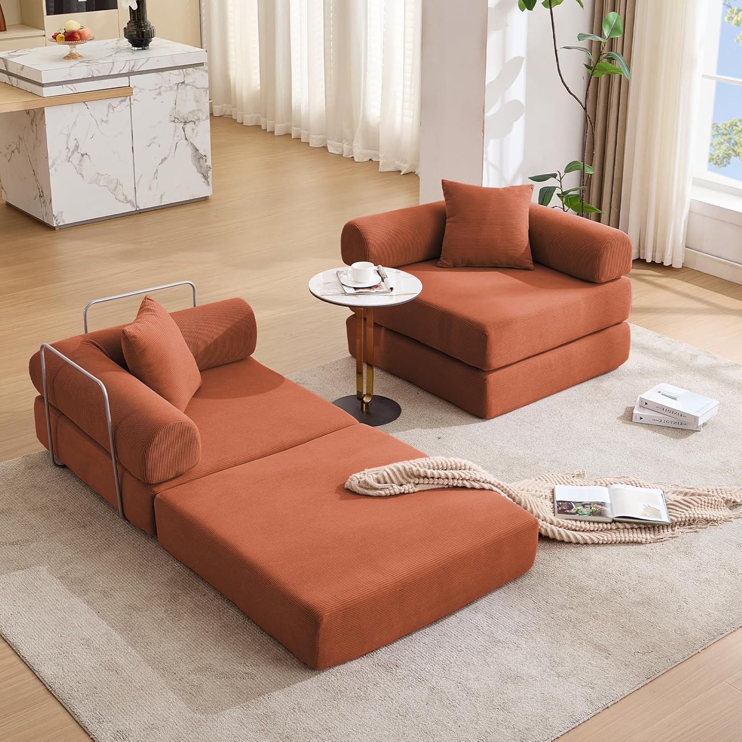 73" Convertible Modular Folding Sofa Bed, 5-in-1 DIY Combination Fold Out Sleeper Sofa Bed, Loveseat sleeper Couch with Removable Armrests, Corduroy Floor Couch, Small couches for small spaces, Orange