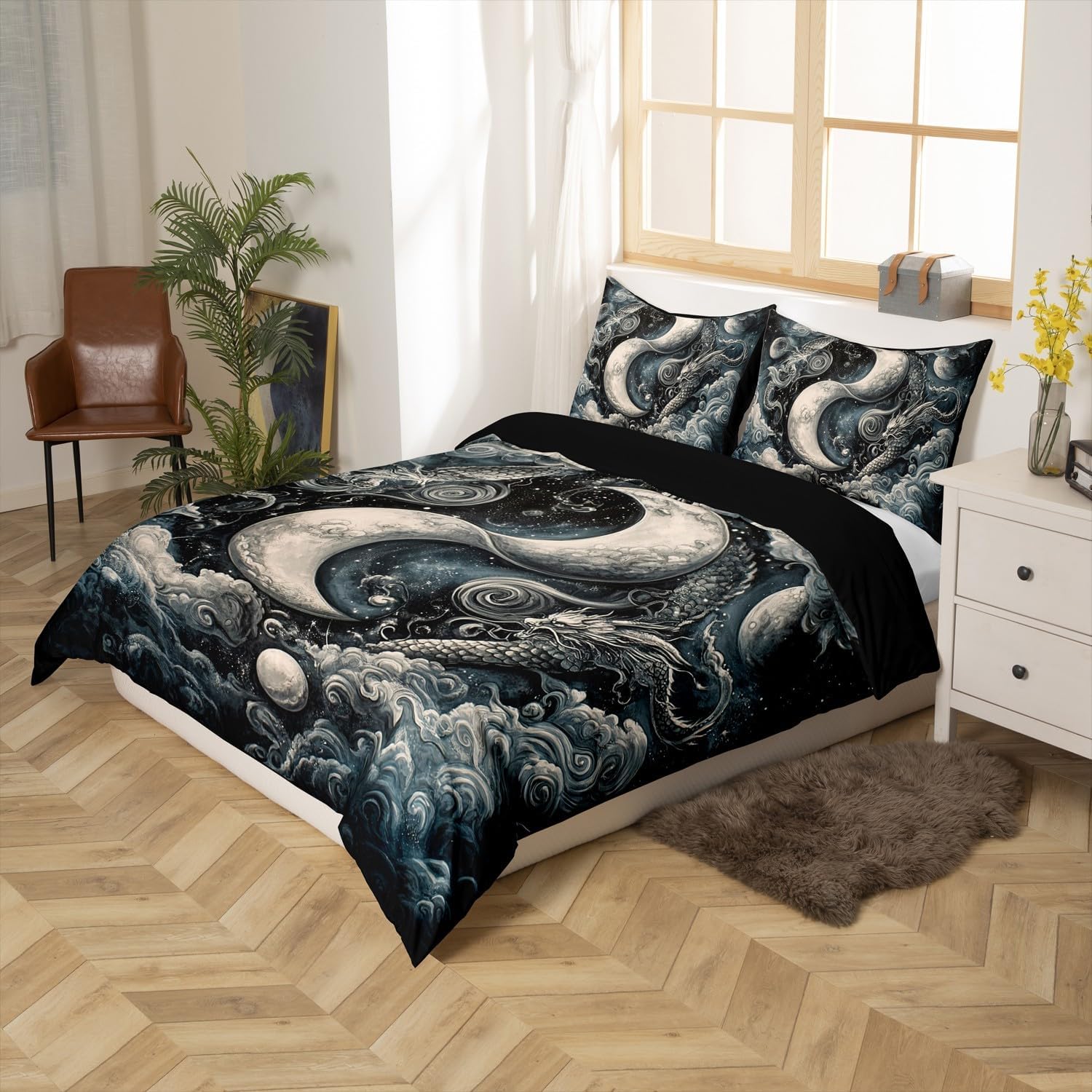 Erosebridal Black Dragon Tai Chi Comforter Cover - Premium Dragon Animals Bedding Set,Auspicious Clouds Bagua Symbol Bed Cover,Chinese Imperial Style Bed Set for Boys Adults Toddler