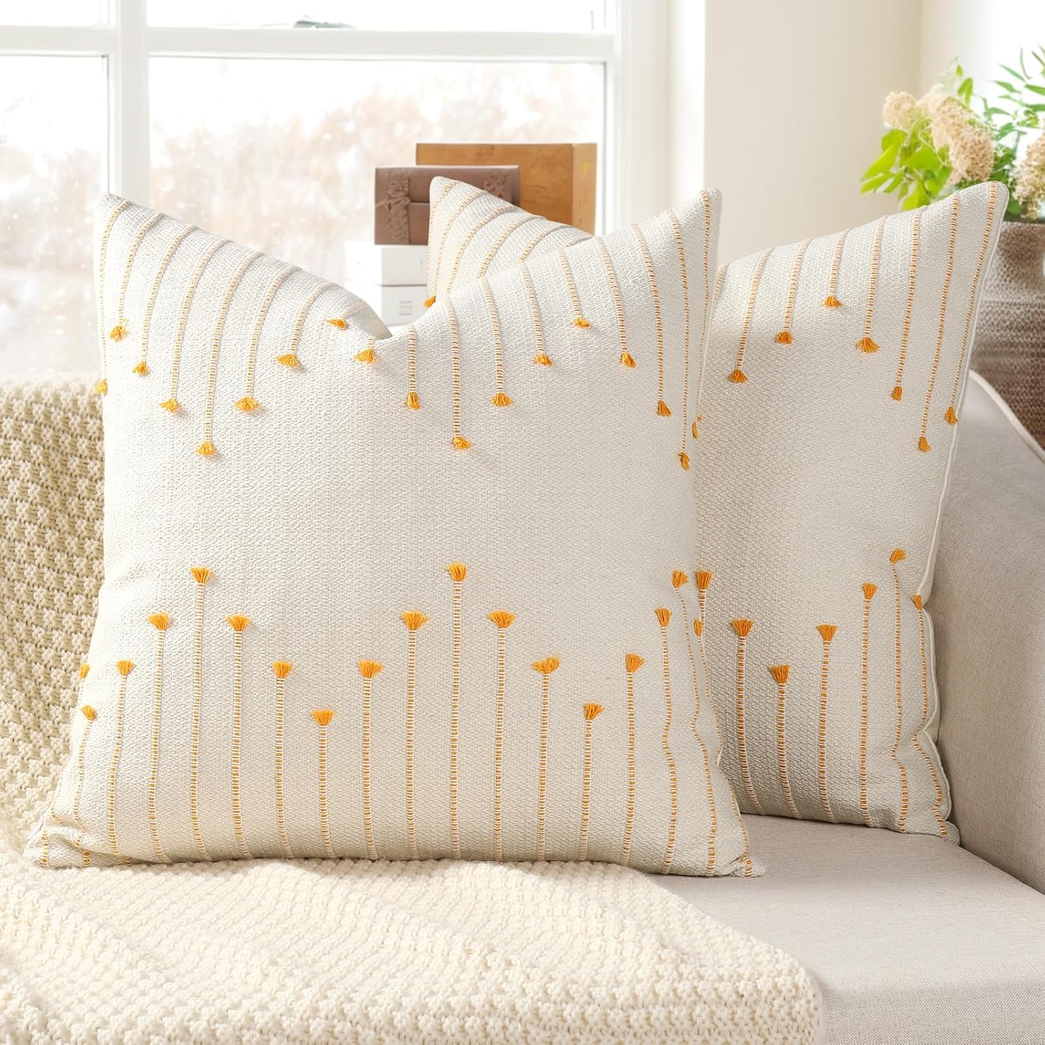 Boho Spring Throw Pillow Covers 24x24 Set of 2 Neutral Woven Decorative Pillowcases Cotton Tufted Couch Pillows Modern