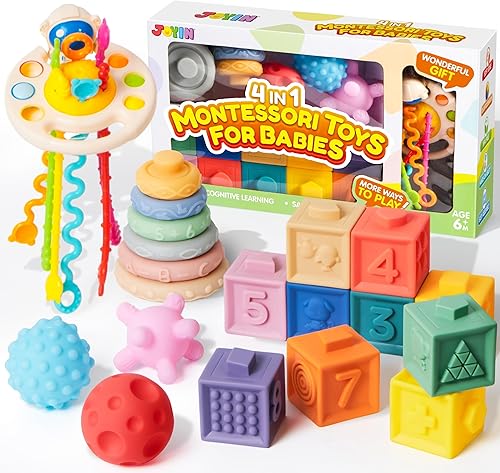 JOYIN Juguetes para bebés, juguetes Montessori para bebés, regalo sensorial de grado alimenticio, mordedor, bloques, bolas de estrés 3D, cuerda de