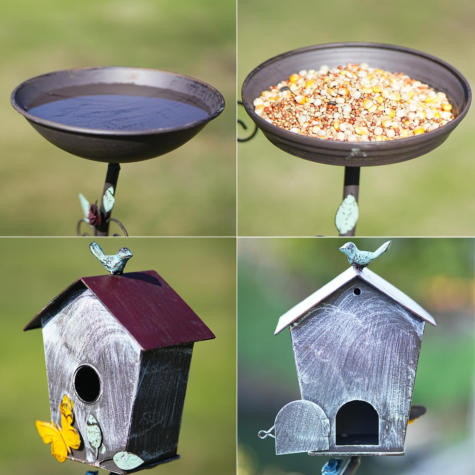 Baños para pájaros para exteriores, cuenco de baño mejorado para pájaros, casa de pájaros y bandejas de comedero de pájaros, diseño 3 en 1, baño de metal para decoración de jardín y patio