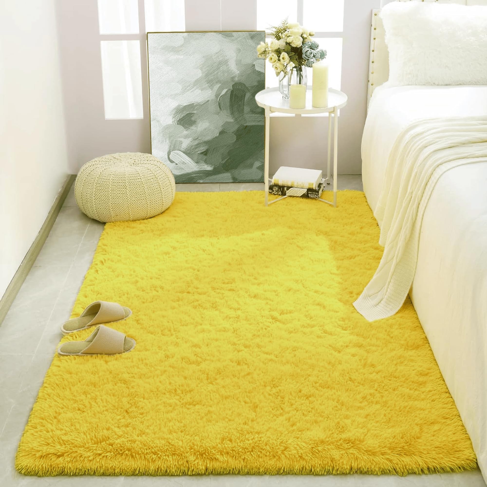 Tapis salon antidérapant 140 x 150 jaune doux pour chambre