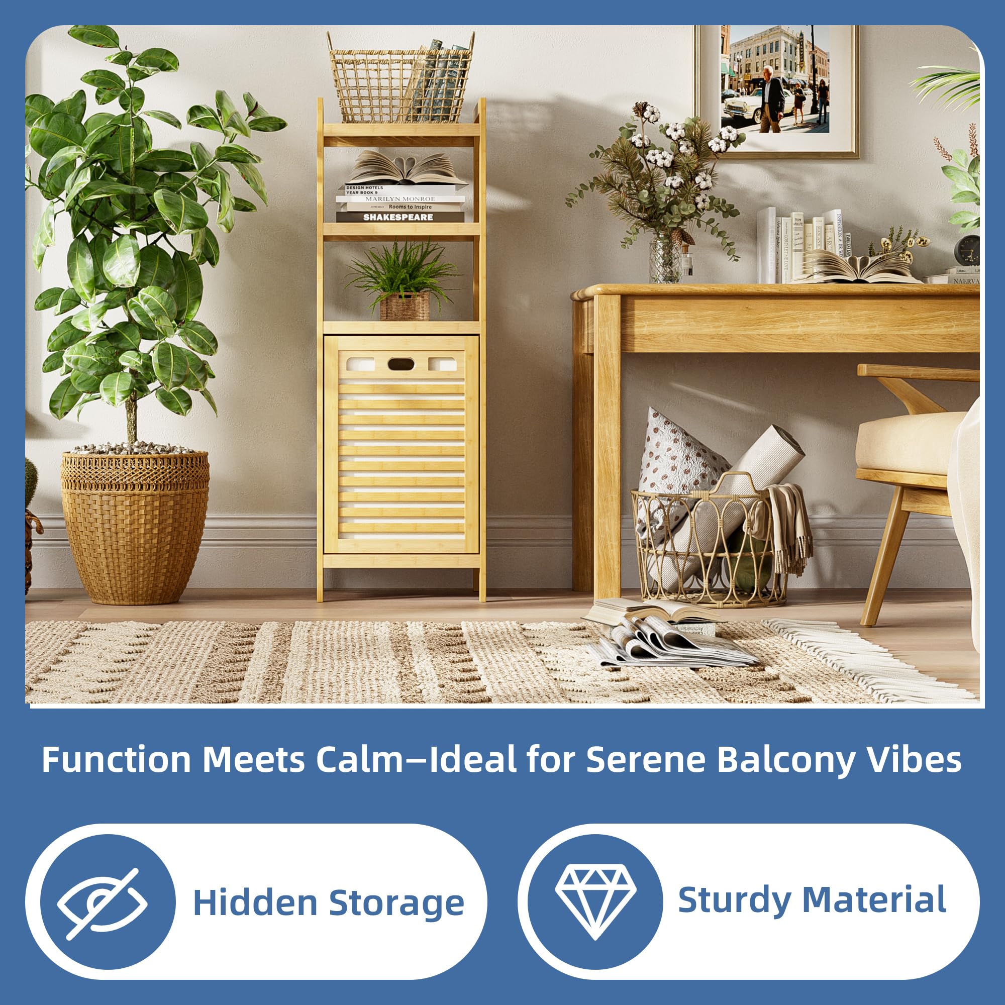 HITNET Meuble Salle de Bain avec Panier à Linge, Armoire Bas Salle de Bain en Bambou avec 3 étagères Ouvertes, 40L Sac Intérieur Amovible pour Buanderie, Toilette et Chambre à Coucher, Naturel