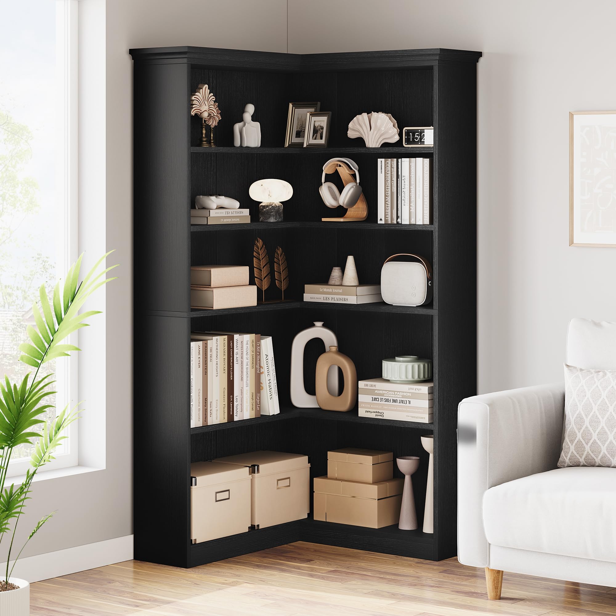 GarveeMore Corner Bookshelf 5-Tiers, 185cm Tall L-Shaped Bookcases with Open Storage Display, Freestanding Wooden Book Shelf for Living Room Bedroom Home Office - Full Panel Black