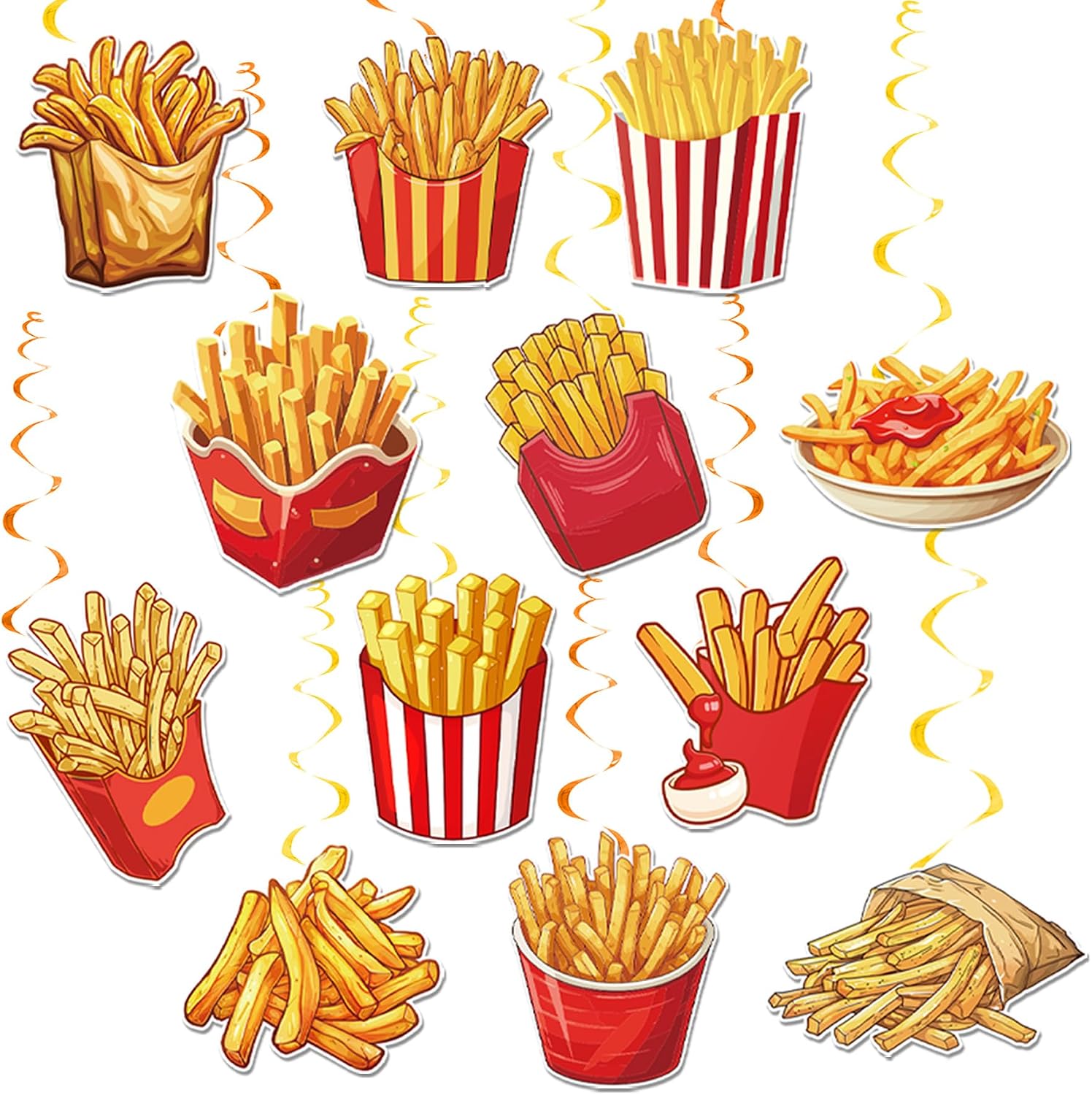 24 Pcs French Fries Hanging Swirls French Fries Party Decorations Double Sided Printing French Fries Ceiling Decorations for Fast Food French Fries Birthday Party Supplies