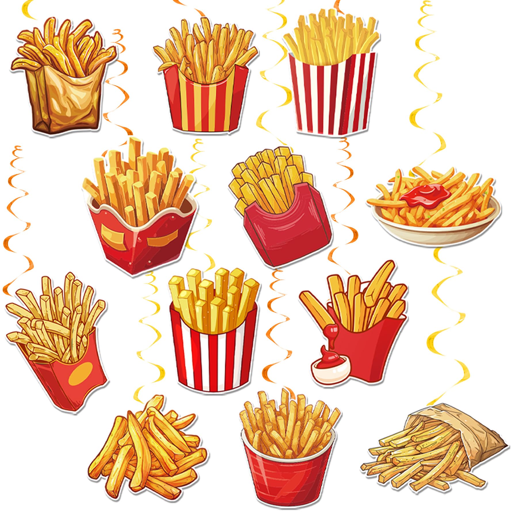 24 Pcs French Fries Hanging Swirls French Fries Party Decorations Double Sided Printing French Fries Ceiling Decorations for Fast Food French Fries Birthday Party Supplies