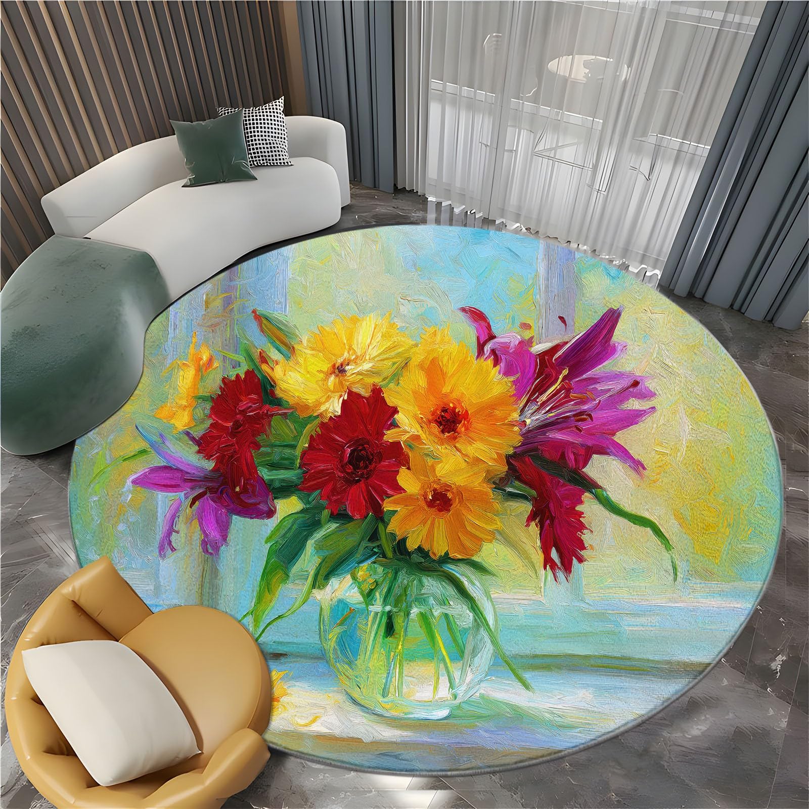 Tapis rond 80 cm peinture à l'huile lavable et antidérapant pour salon