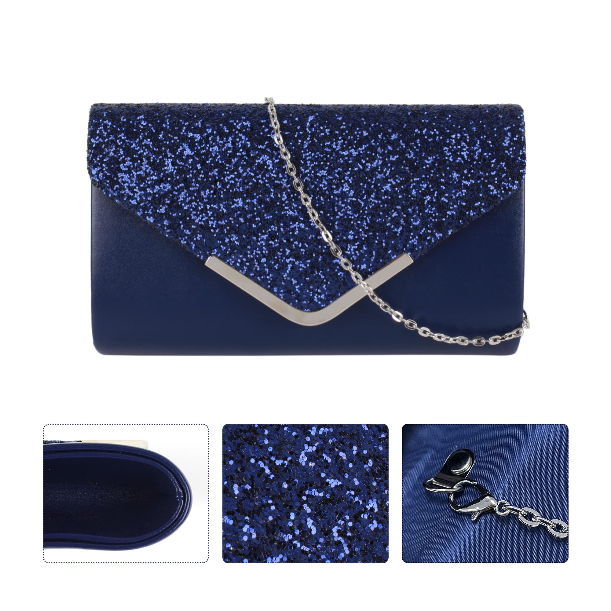 Damen Clutch Glitzer Elegant Abendtasche Glänzend Handtasche Envelope Tasche Strass Unterarmtasche mit Kette für Hochzeit Wedding Prom Party