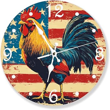 Silent Non Ticking Wall Clock 10 Inch, Rooster Retro American Flag Round Wood Wall Clocks, Battery Operated, Decorative for Bathroom, Kitchen, Living Room, Bedroom, School, Dining, Office