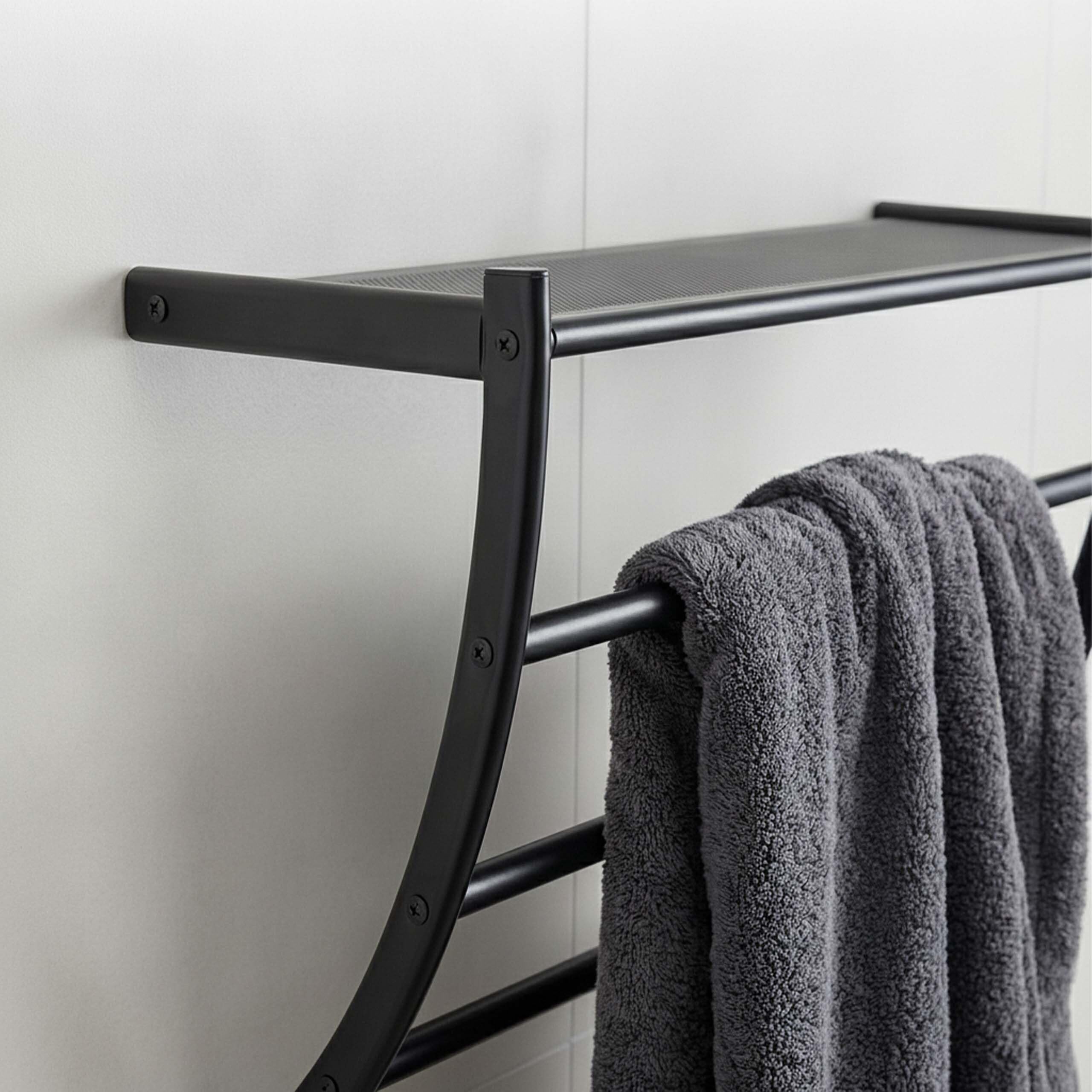 Relaxdays Portasciugamani da Parete, HLP 44 x 56,5 x 23 cm, Mensola da Bagno con 3 Aste per Asciugamani e Ripiano, Nero