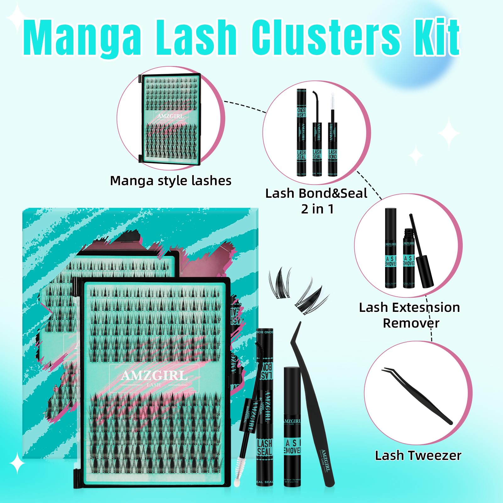 Manga Lashes Extension Set 144 pezzi, con rilegatura e sigillo, applicatori (8-16 mm, nero)