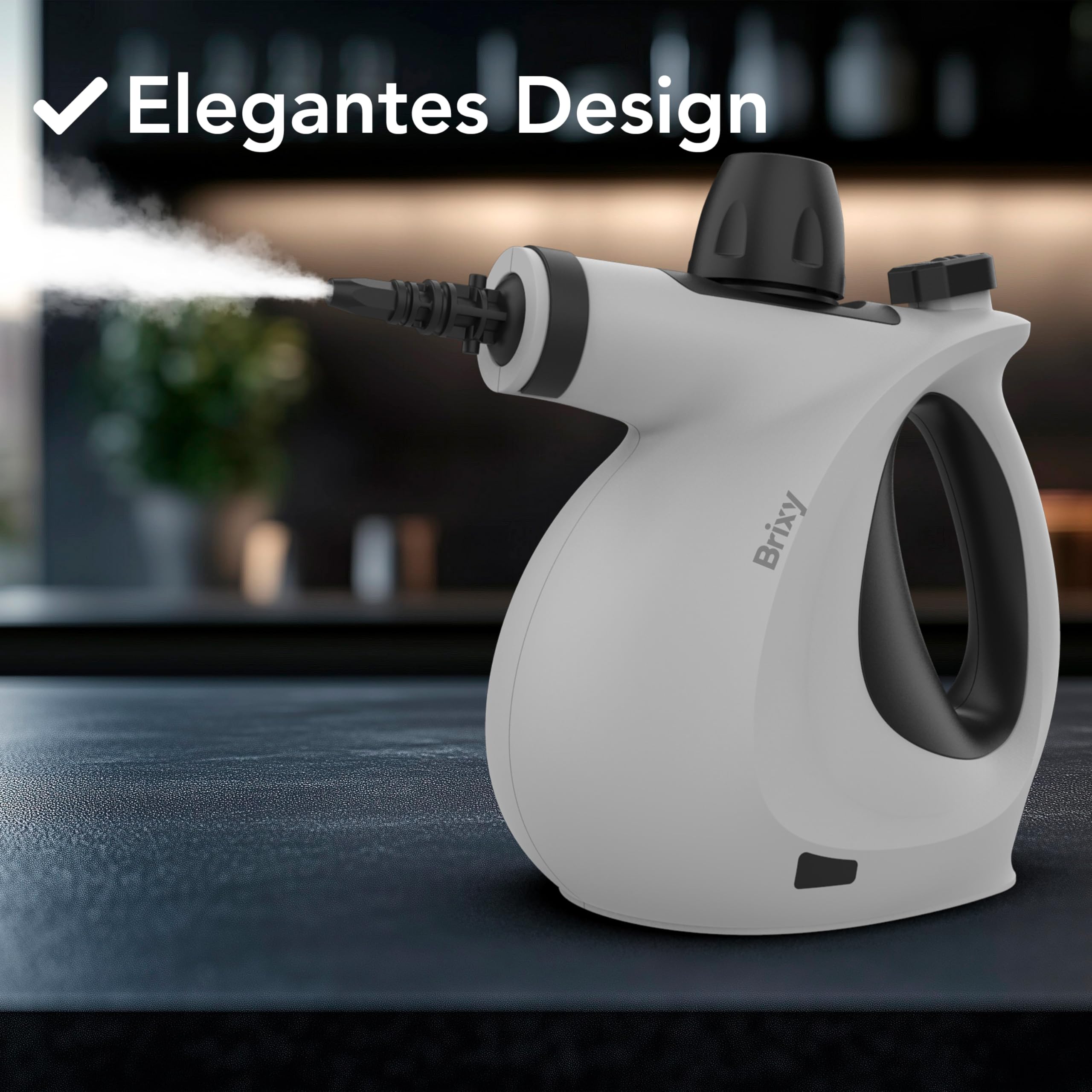 Brixy Leistungsstarker Handdampfreiniger 1050W für vielseitige Tiefenreinigung, inkl. 9-teiligem Zubehör, Weiß/Schwarz