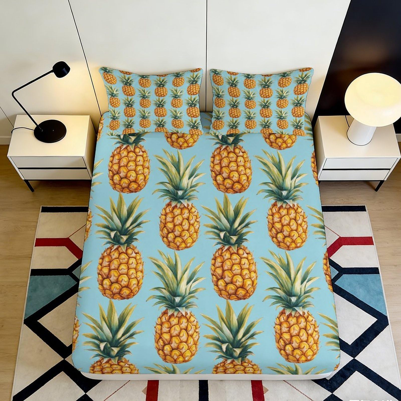 3D Printed Pineapple Tropical Fitted Sheet Microfiber Soft Blue Mattress Cover for Bedroom Guest Room Decor 90x200x25cm